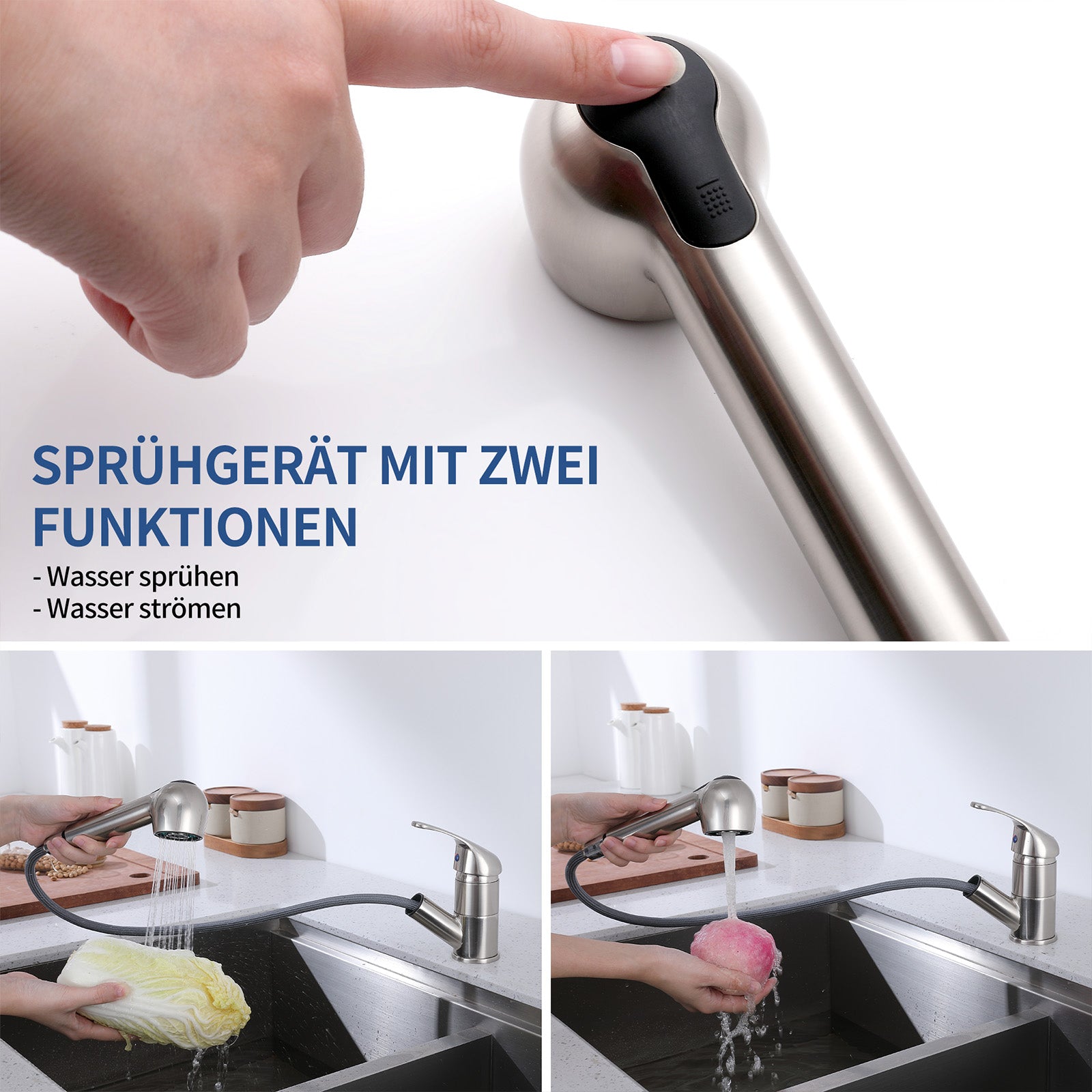 Homelody 120° drehbar Armatur Küche Wasserhahn mit 2 Strahlarten ausziehbare Brause Gebürsteter Chrom Spültischarmatur