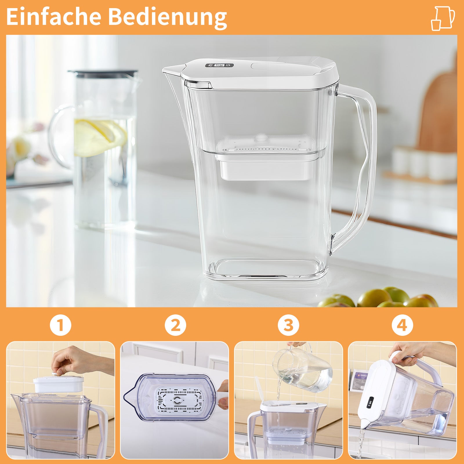 Homelody Wasserfilter Wasserfilterkanne 2,5 L mit LED-Countdown-Anzeige