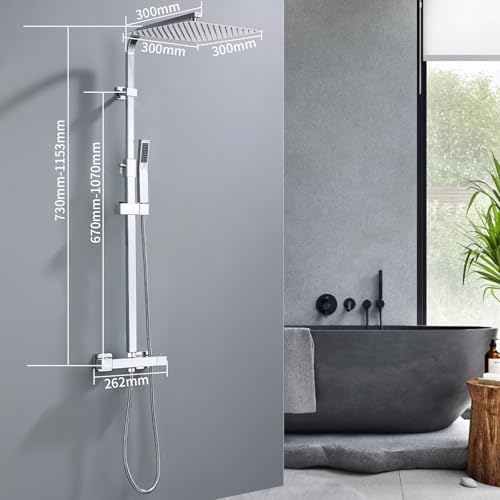 HOMELODY Duschsystem mit Thermostat Regendusche mit Armatur Chrom Eckig Duschset Messing Kopfbrause Edelstahl 30x30CM