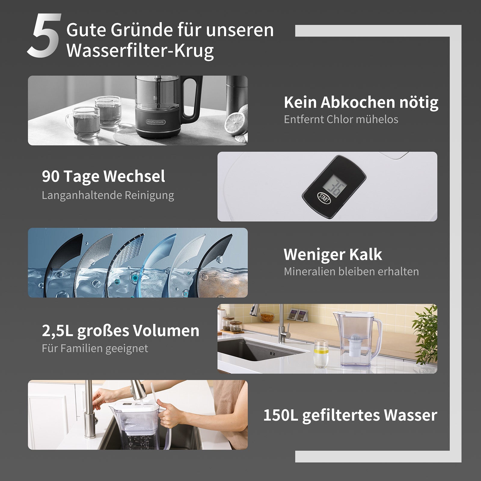 Homelody Wasserfilter Wasserfilterkanne 2,5 L aus lebensmittelechtem Material