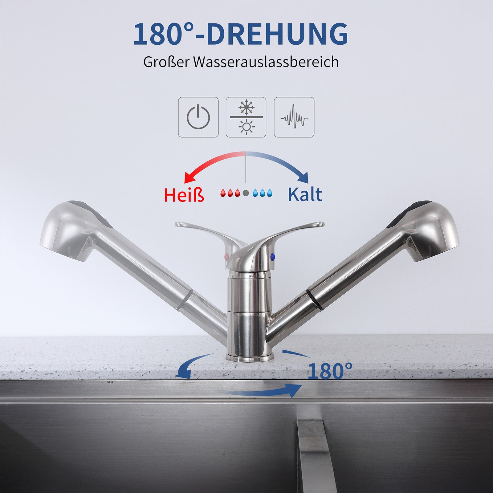 Homelody 120° drehbar Armatur Küche Wasserhahn mit 2 Strahlarten ausziehbare Brause Gebürsteter Chrom Spültischarmatur
