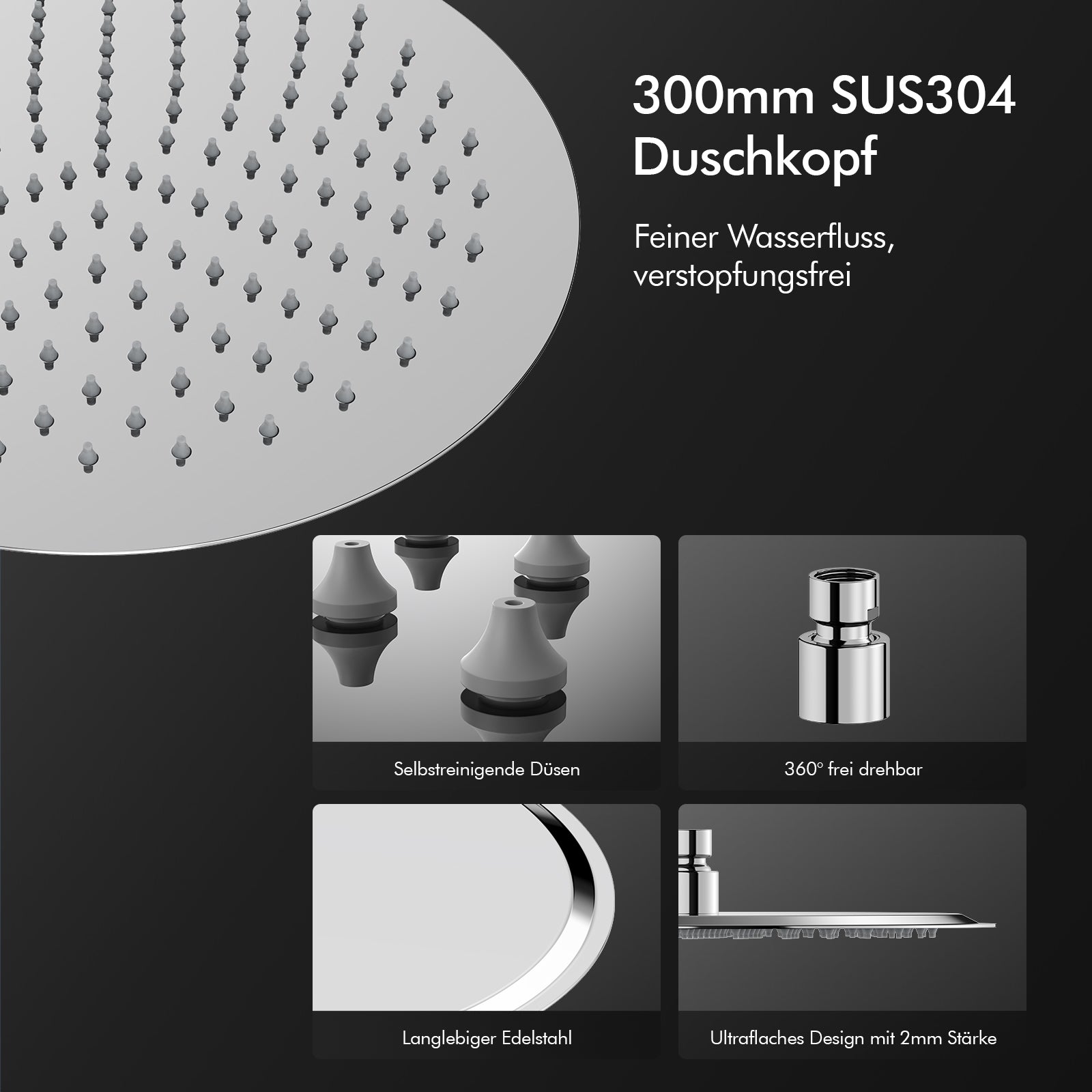 Homelody Duschsystem 12'' Regendusche, Höhenverstellbar, 2-Wege Umschalter, Edelstahl