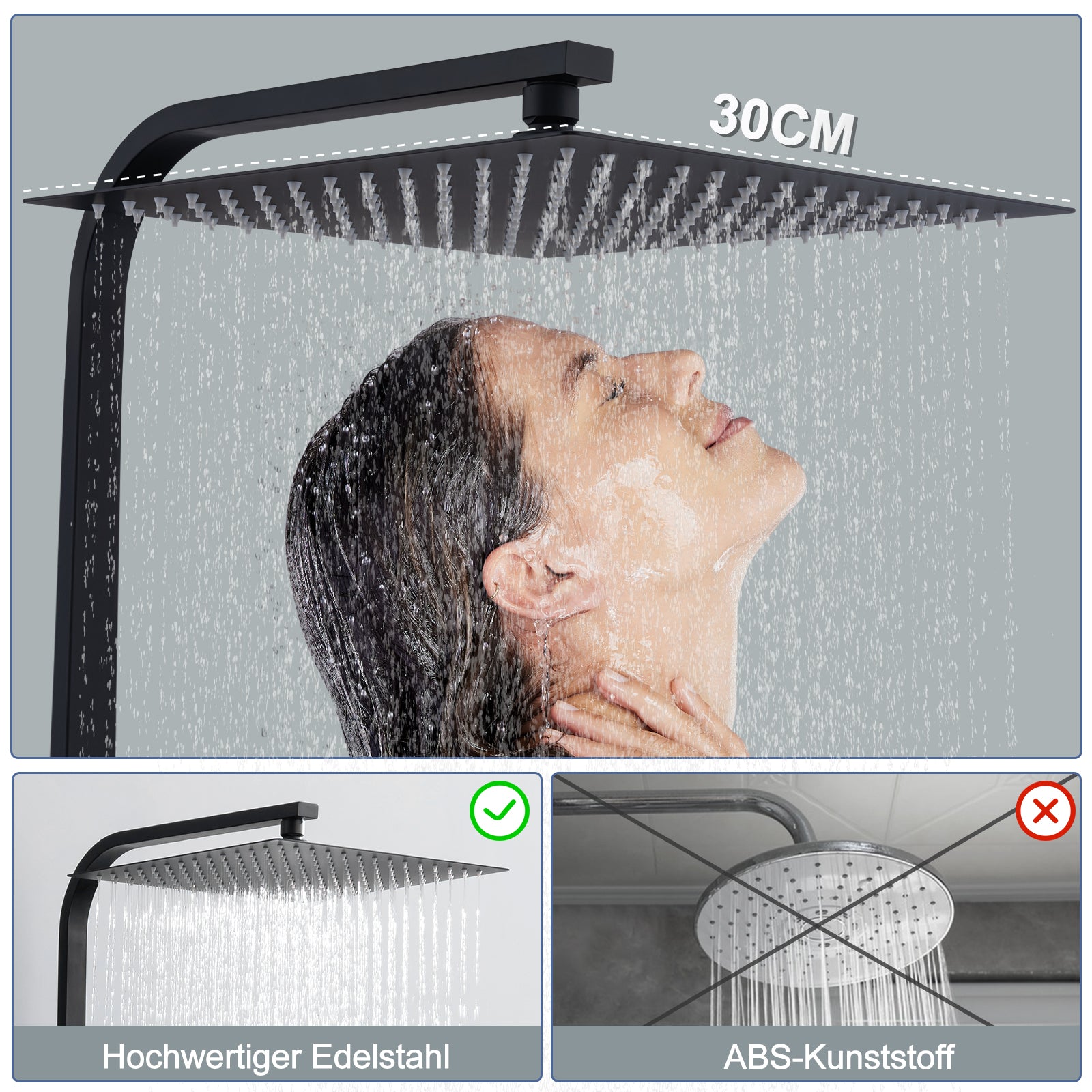 HOMELODY Duschsystem mit Thermostat Schwarz Regendusche mit Armatur Duschset Eckig Messing Kopfbrause Edelstahl 30x30CM