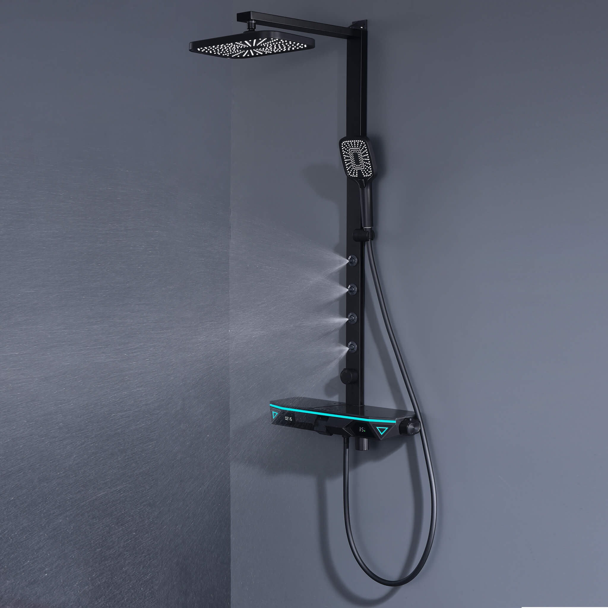 Homelody 38 ℃ Thermostatisches Digitalanzeige-Duschsystem mit Ablagefach mit Badewannenmischer für und 360° drehbar Backspray, Umgebungslicht
