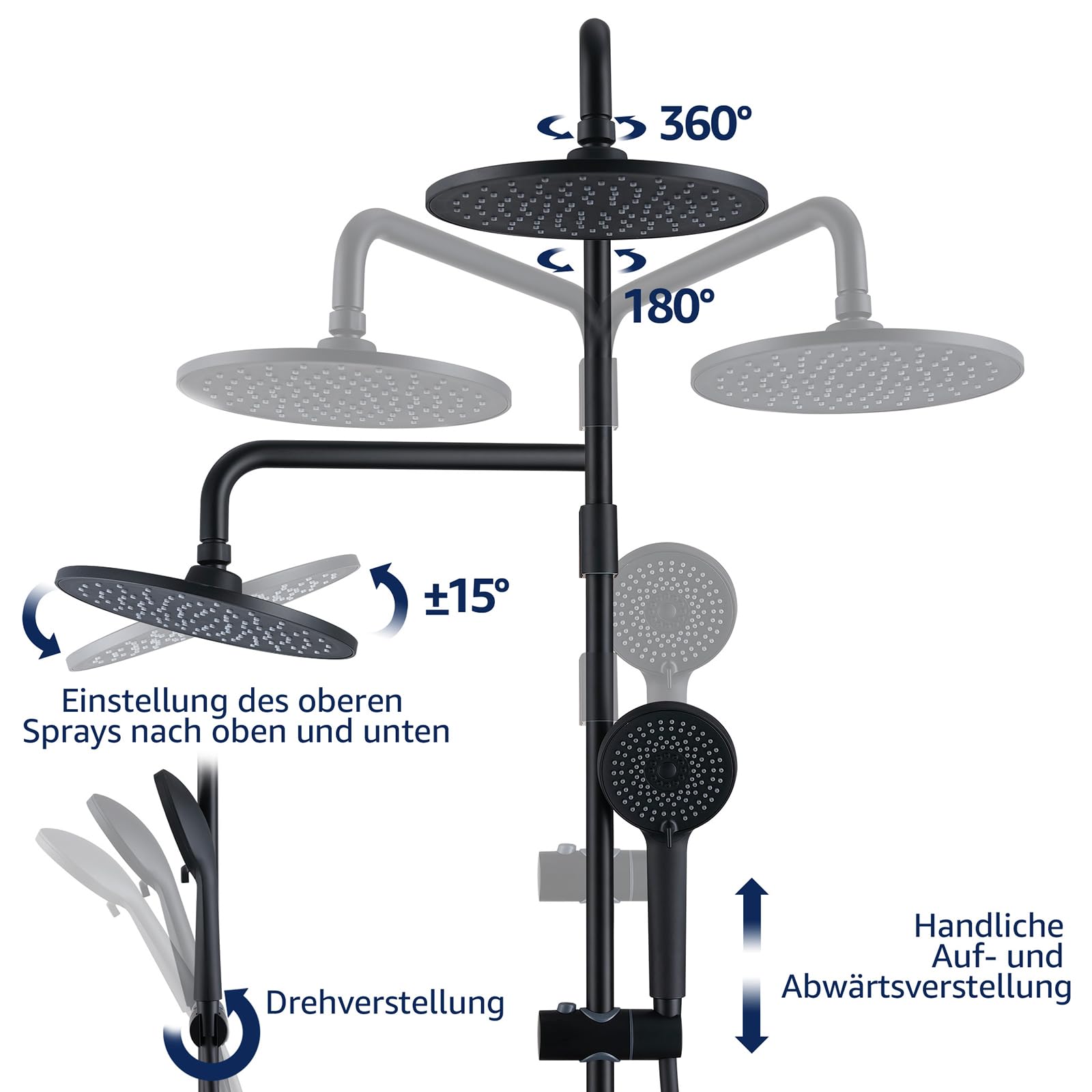 HOMELODY Regendusche Duschsystem ohne Armatur, Schwarz Handbrause mit 3 Funktionen, Edelstahl Duschset mit Kopfbrause Rund, Duschstange SUS304