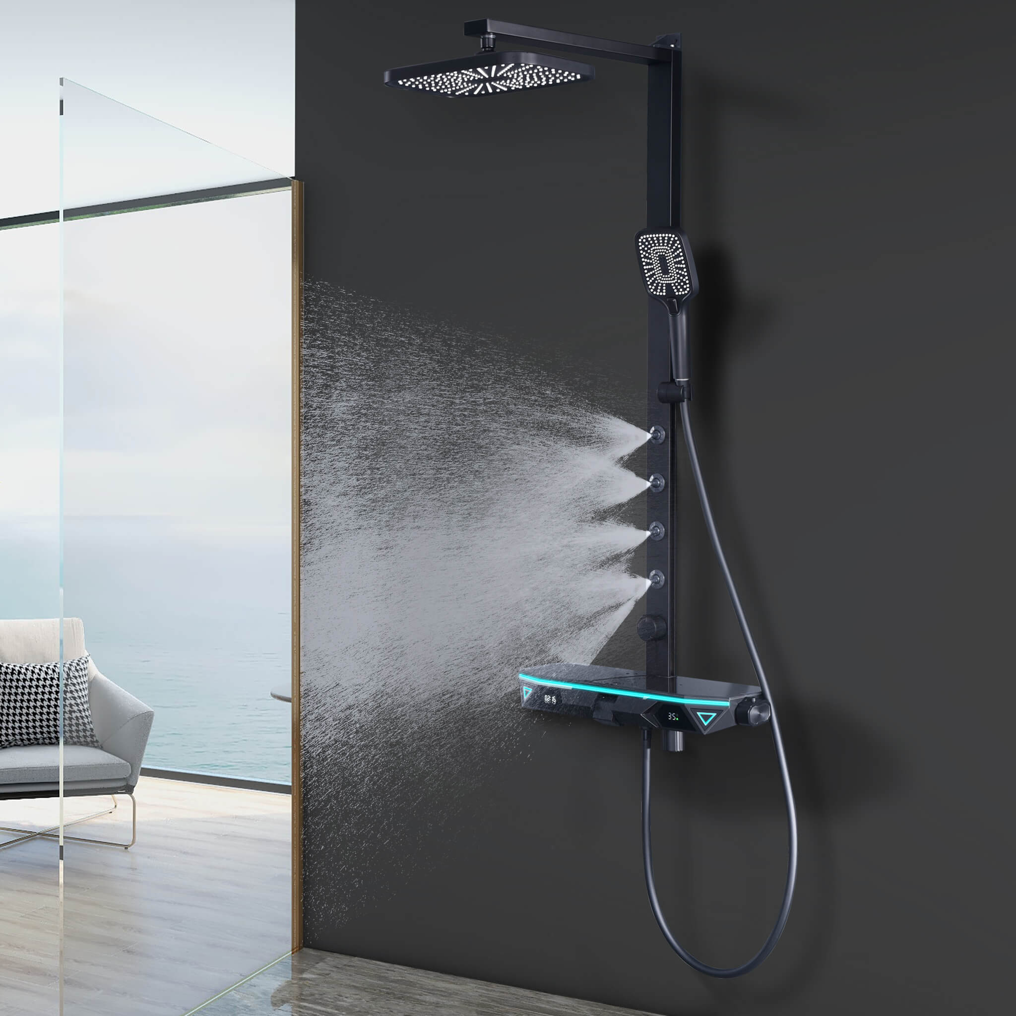 Homelody 38 ℃ Thermostatisches Digitalanzeige-Duschsystem mit Ablagefach mit Badewannenmischer für und 360° drehbar Backspray, Umgebungslicht