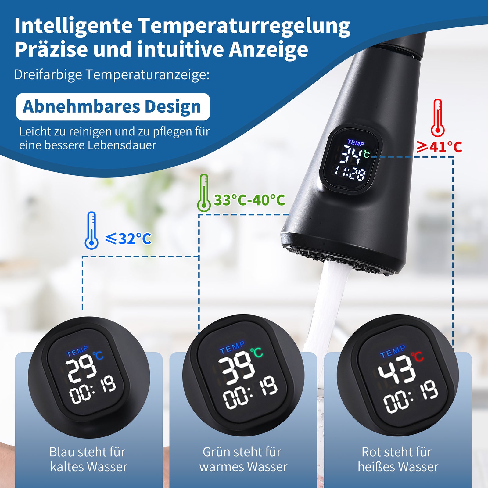 Küchenarmatur ausziehbar Spültischarmatur 360° Küchenarmatur LED Digitalanzeige