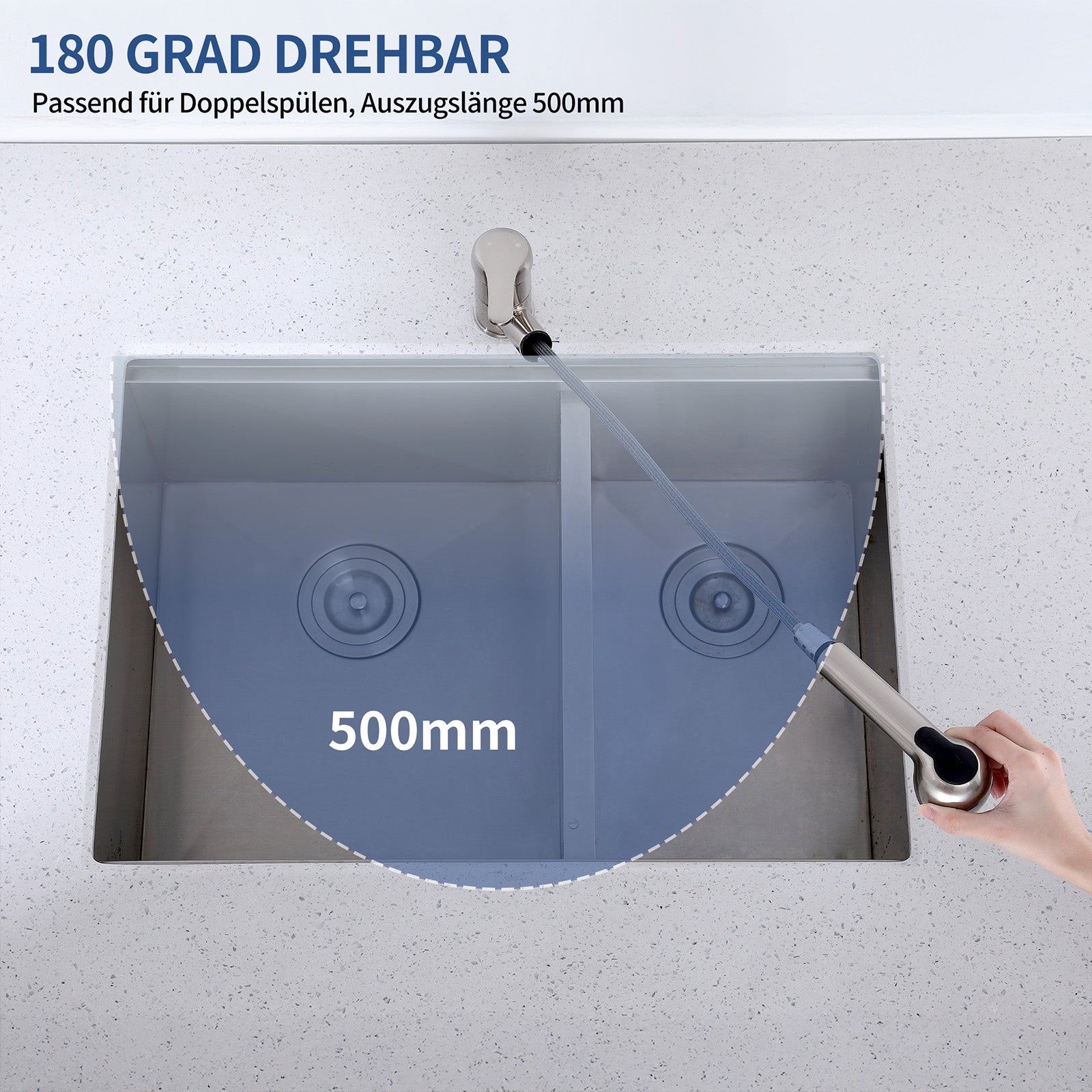 Homelody 120° drehbar Armatur Küche Wasserhahn mit 2 Strahlarten ausziehbare Brause Gebürsteter Chrom Spültischarmatur