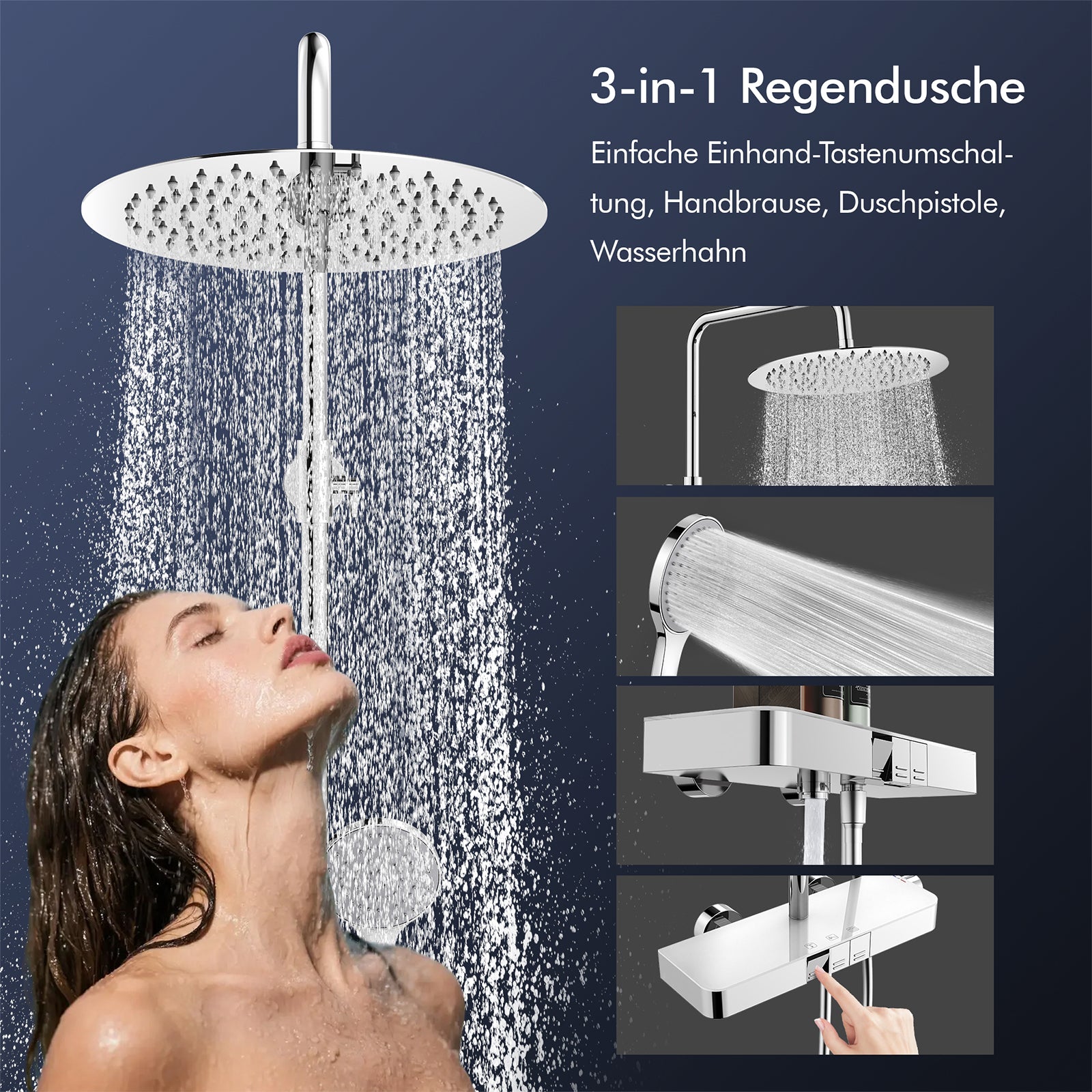 Homelody Duschsystem mit Thermostat, Ablage und Handbrause, 12" Regendusche
