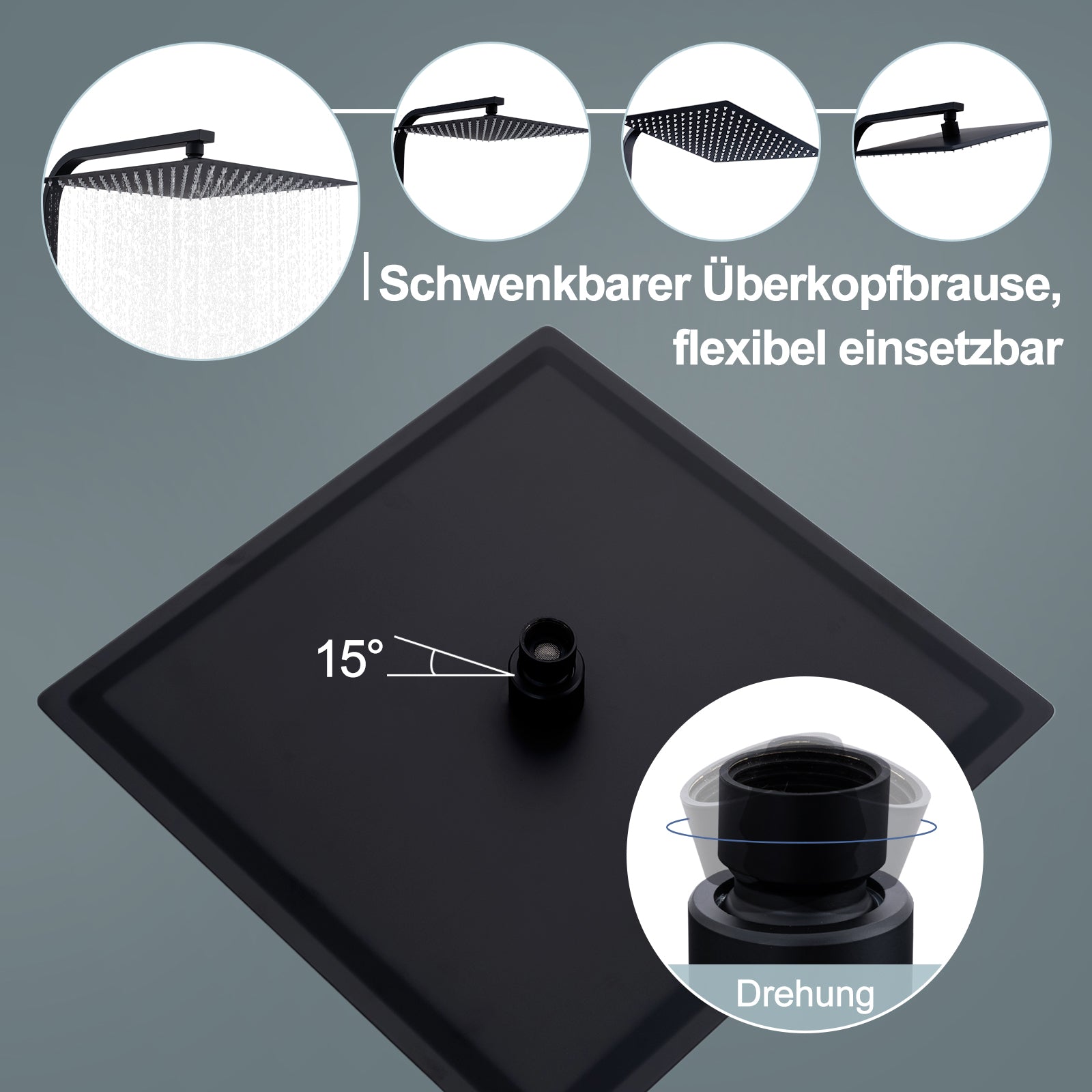 HOMELODY Duschsystem mit Thermostat Schwarz Regendusche mit Armatur Duschset Eckig Messing Kopfbrause Edelstahl 30x30CM