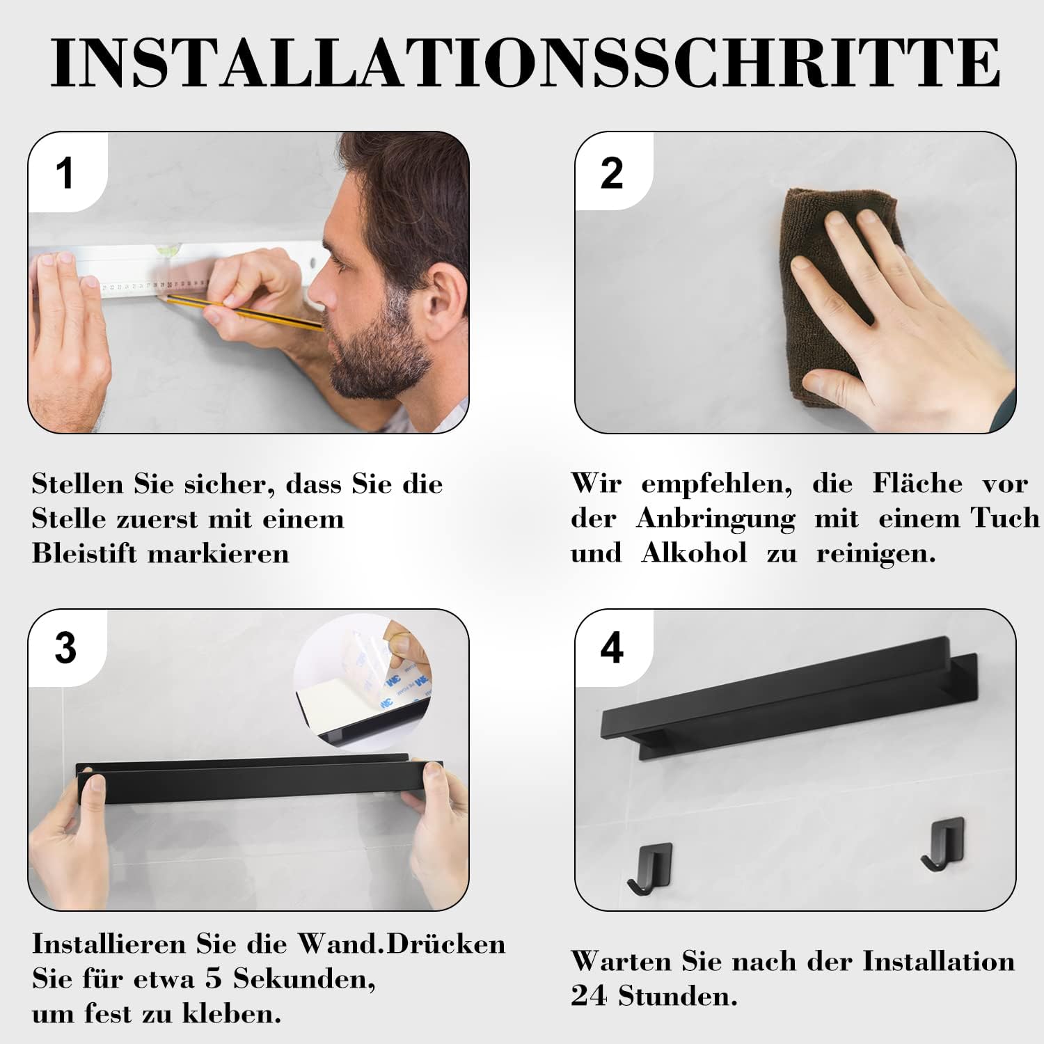 Handtuchhalter Ohne Bohren, Bad GäStehandtuchhalter, Handtuchhalter Wand Gebürstetes Silber Edelstahl, Badetuchhalter Mit 2 StüCk Handtuchhaken (Mattschwarz)