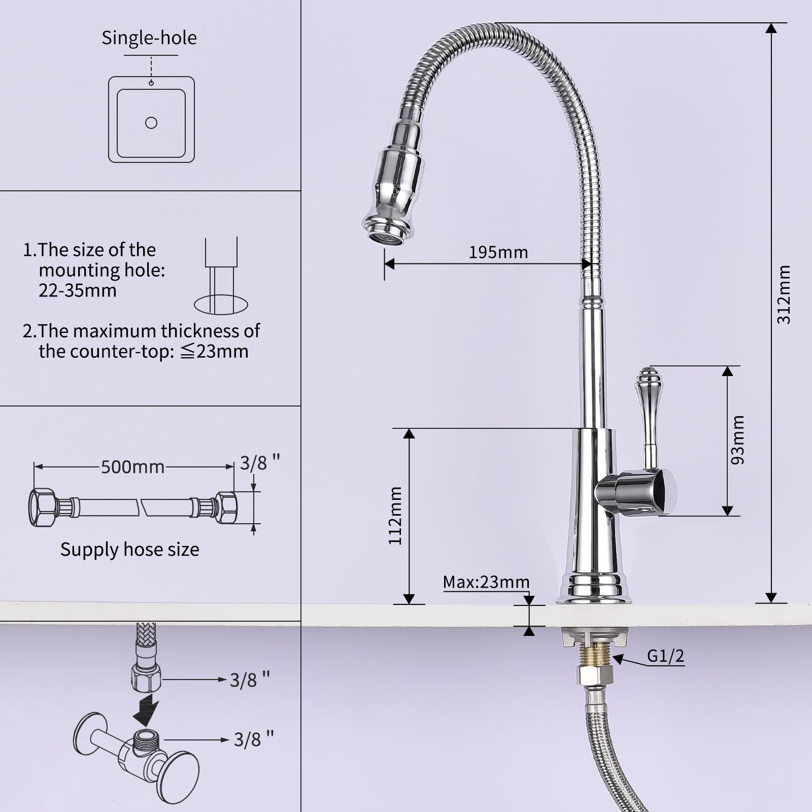 AiHom Kaltwasserhahn Küche 360° drehbar Kaltwasser Armatur Wasserhahn mit 50cm Anschlussschläuche Edelstahl