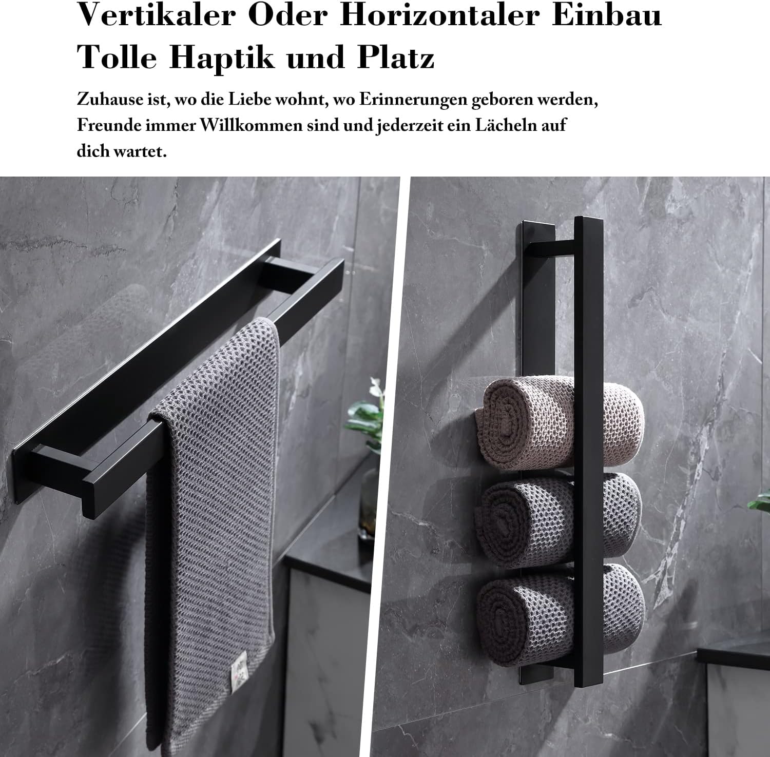 Handtuchhalter Ohne Bohren, Bad GäStehandtuchhalter, Handtuchhalter Wand Gebürstetes Silber Edelstahl, Badetuchhalter Mit 2 StüCk Handtuchhaken (Mattschwarz)