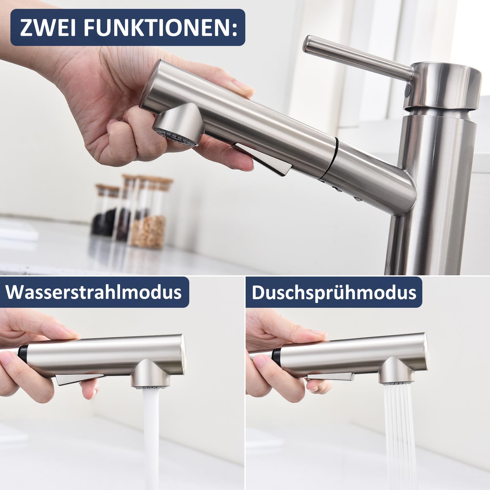 HOMELODY Wasserhahn Küche/Bad Gebürsteter Oberfläche Ausziehbar, Küchenarmatur mit Brause Zwei Wasserstrahlarten