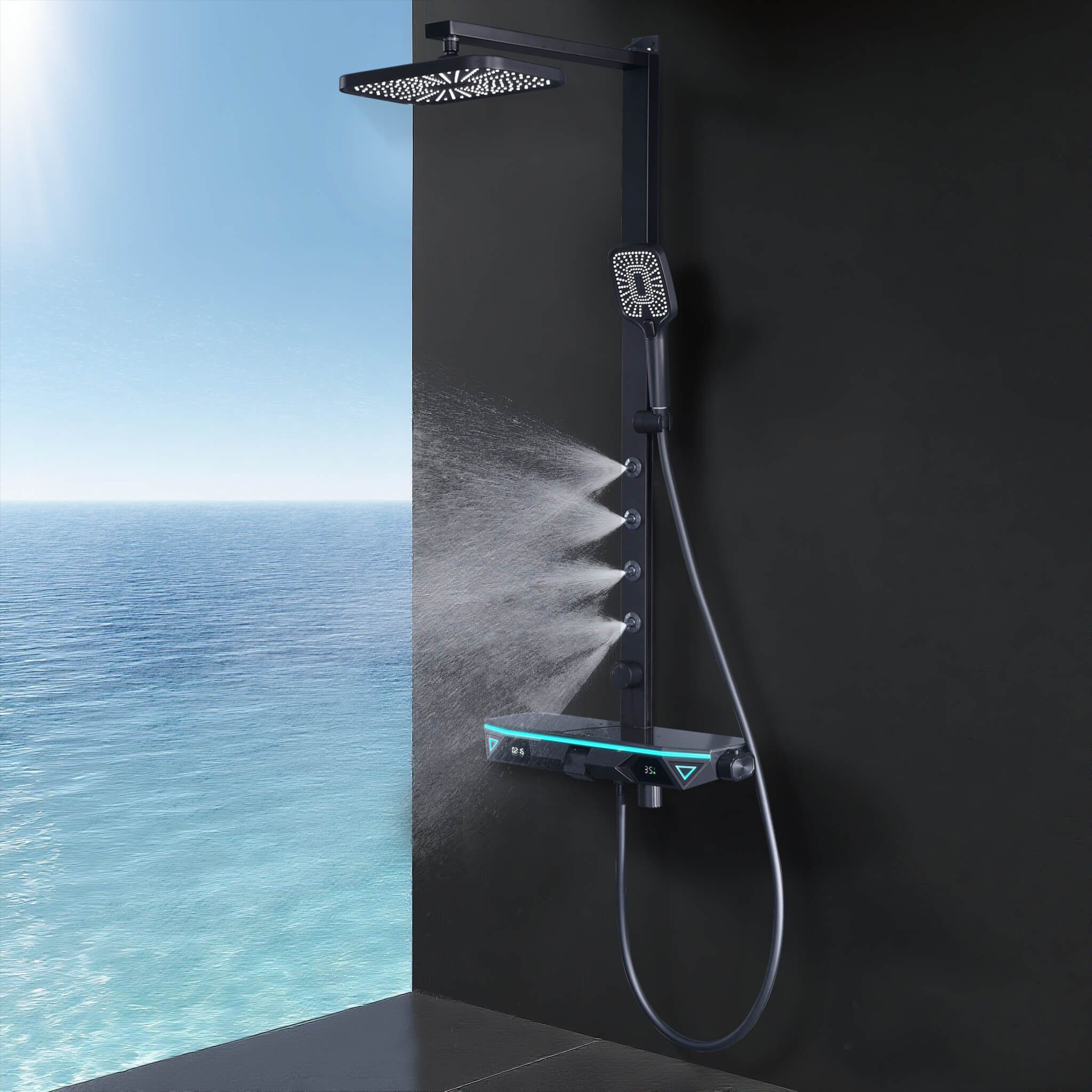 Homelody 38 ℃ Thermostatisches Digitalanzeige-Duschsystem mit Ablagefach mit Badewannenmischer für und 360° drehbar Backspray, Umgebungslicht