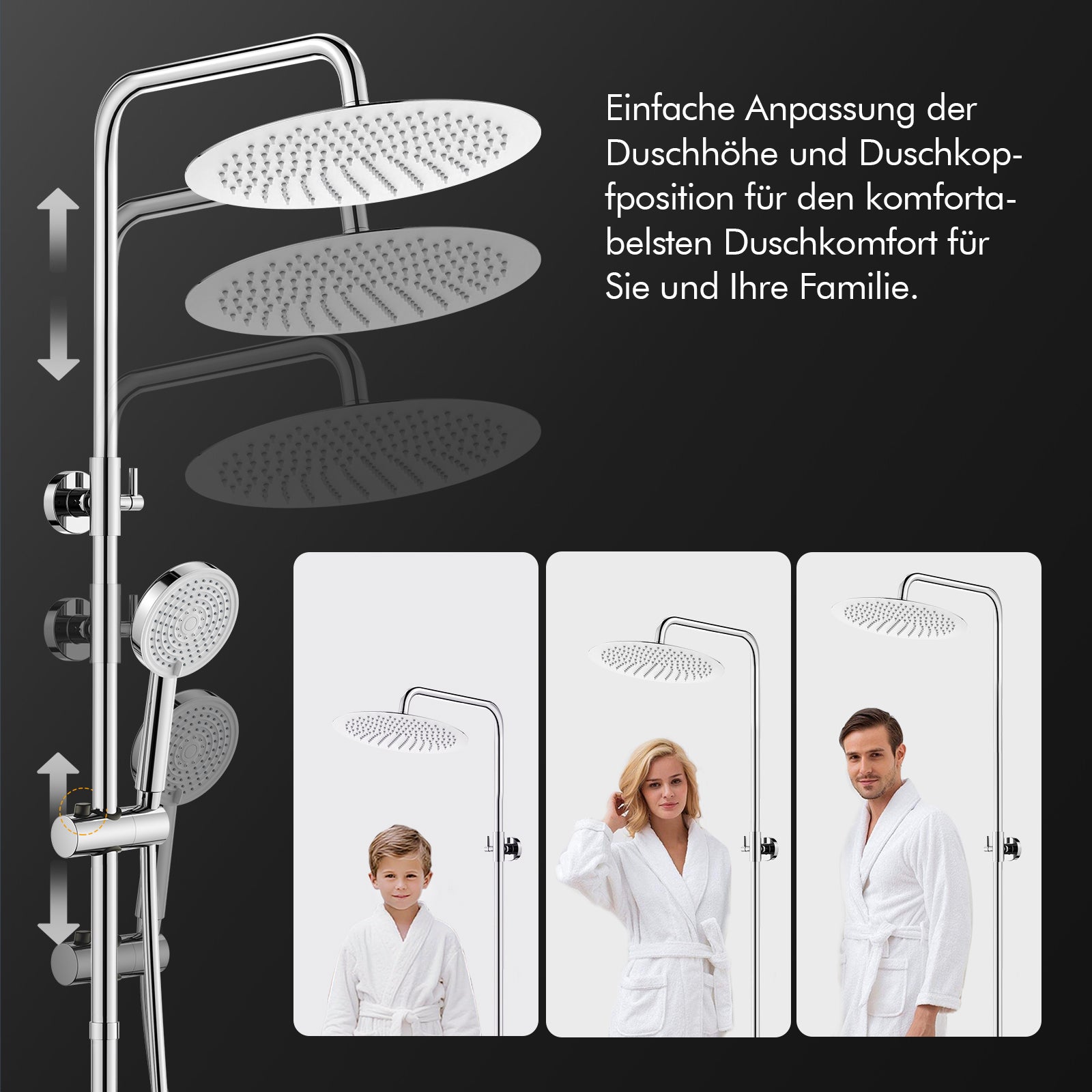 Homelody Duschsystem 12'' Regendusche, Höhenverstellbar, 2-Wege Umschalter, Edelstahl