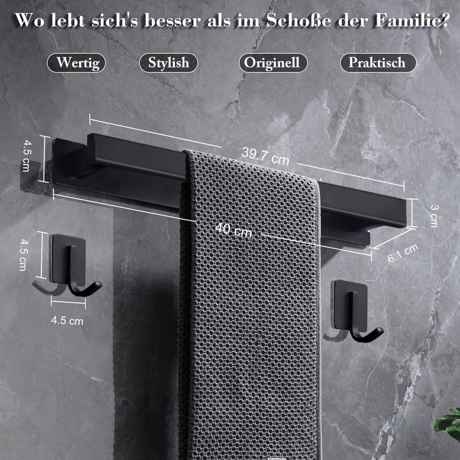 Handtuchhalter Ohne Bohren, Bad GäStehandtuchhalter, Handtuchhalter Wand Gebürstetes Silber Edelstahl, Badetuchhalter Mit 2 StüCk Handtuchhaken (Mattschwarz)