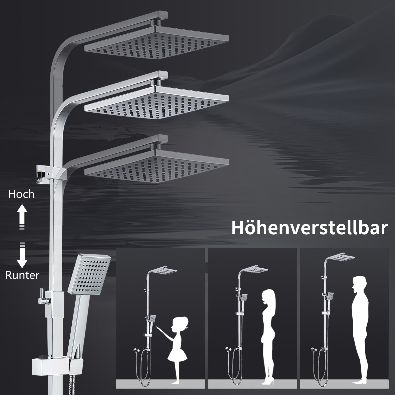 HOMELODY Regendusche Ohne Armatur Duschsystem Duschset Ohne Duscharmatur Chrom Duschgarnitur Verstellbarer Duschstange Duschsäule mit Kopfbrause 20x20cm eckig