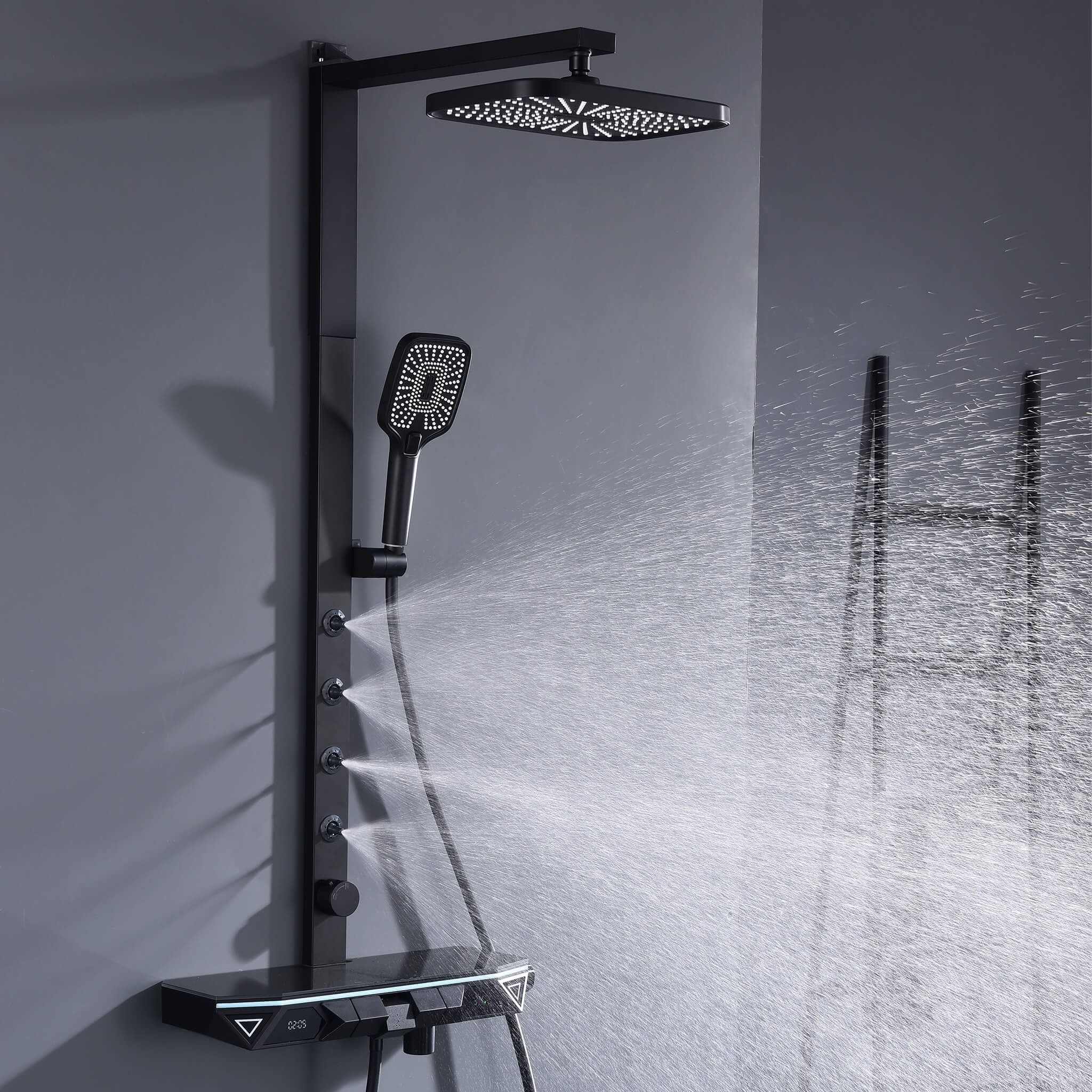 Homelody 38 ℃ Thermostatisches Digitalanzeige-Duschsystem mit Ablagefach mit Badewannenmischer für und 360° drehbar Backspray, Umgebungslicht