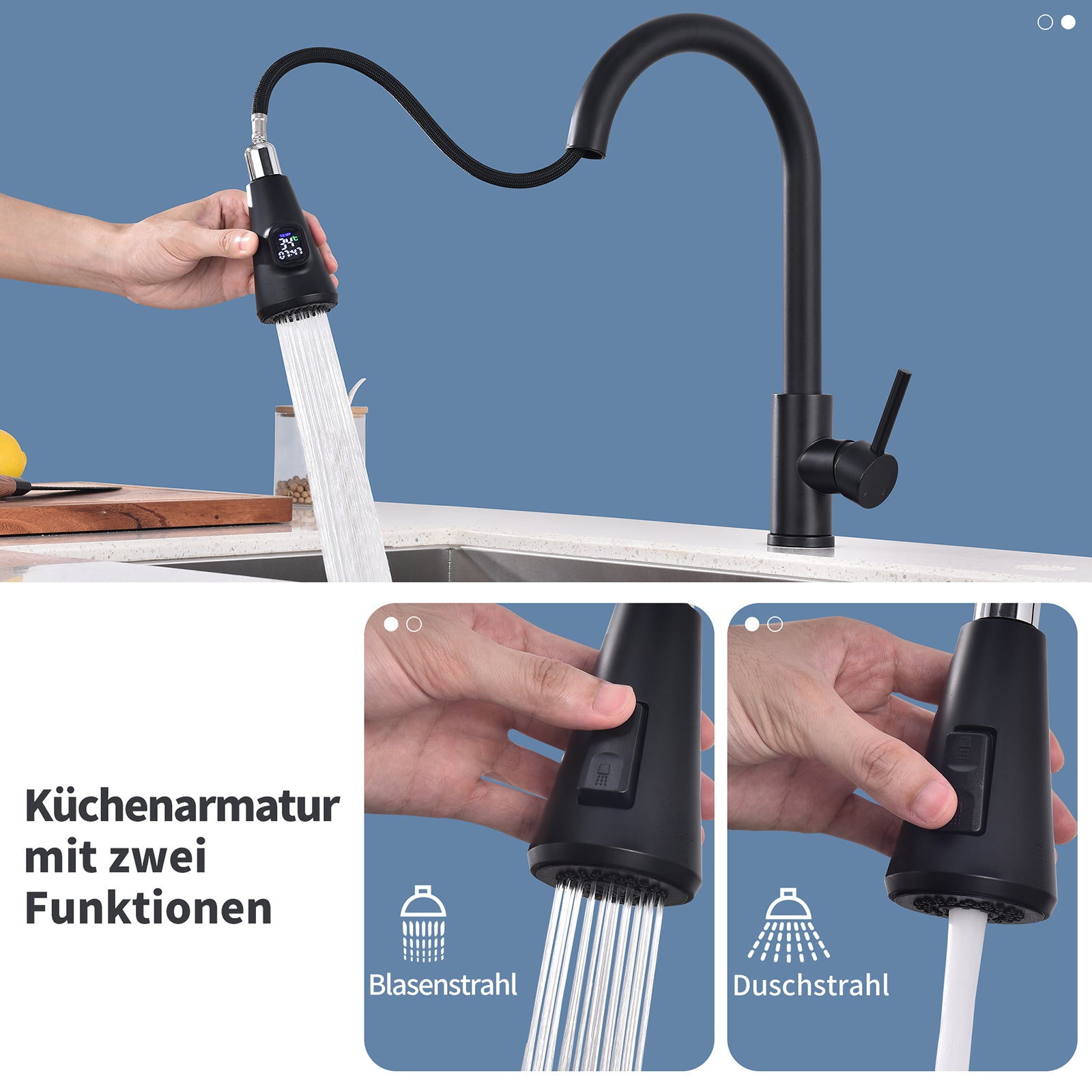 Küchenarmatur ausziehbar Spültischarmatur 360° Küchenarmatur LED Digitalanzeige