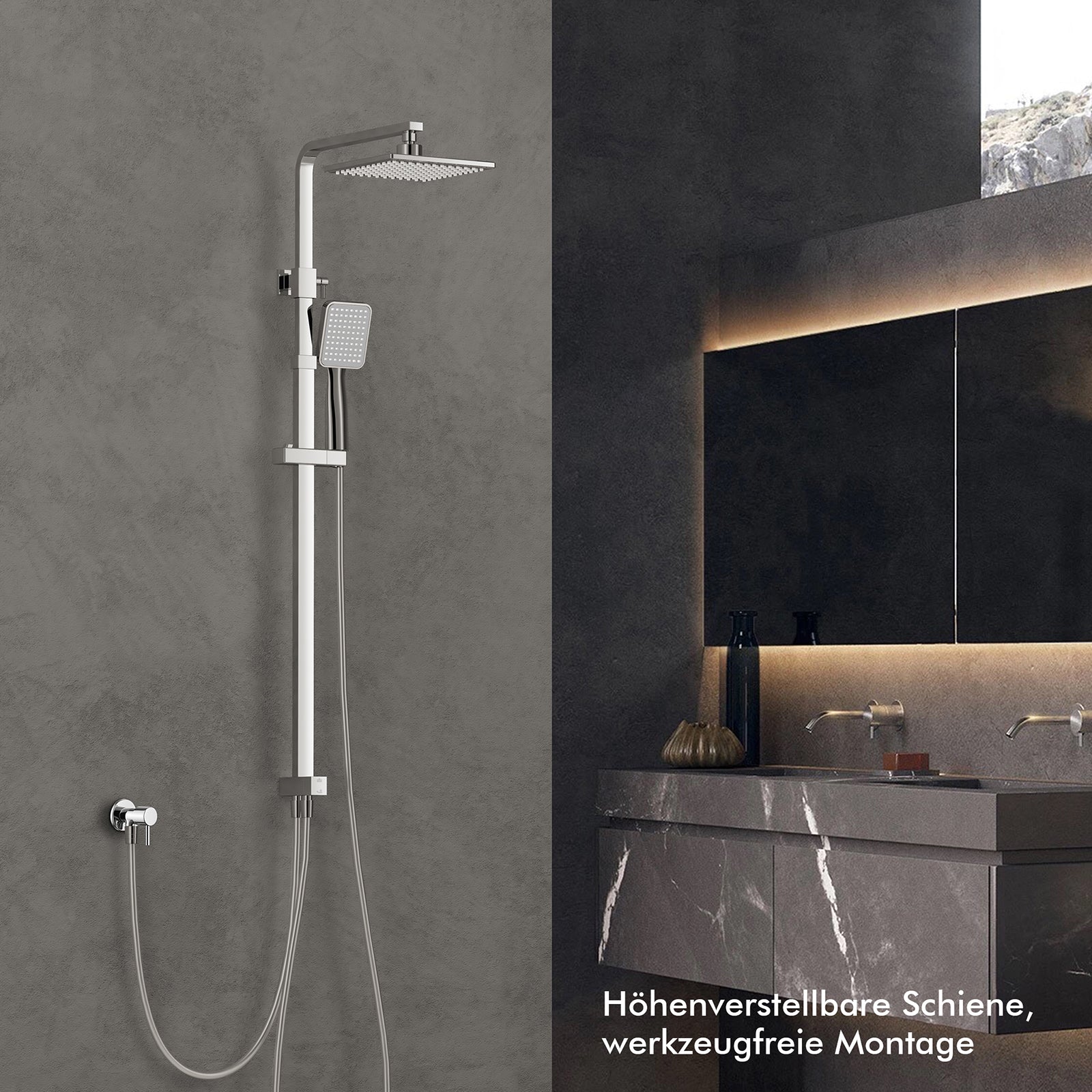 HOMELODY Regendusche Ohne Armatur Duschsystem Duschset Ohne Duscharmatur Chrom Duschgarnitur Verstellbarer Duschstange Duschsäule mit Kopfbrause 20x20cm eckig