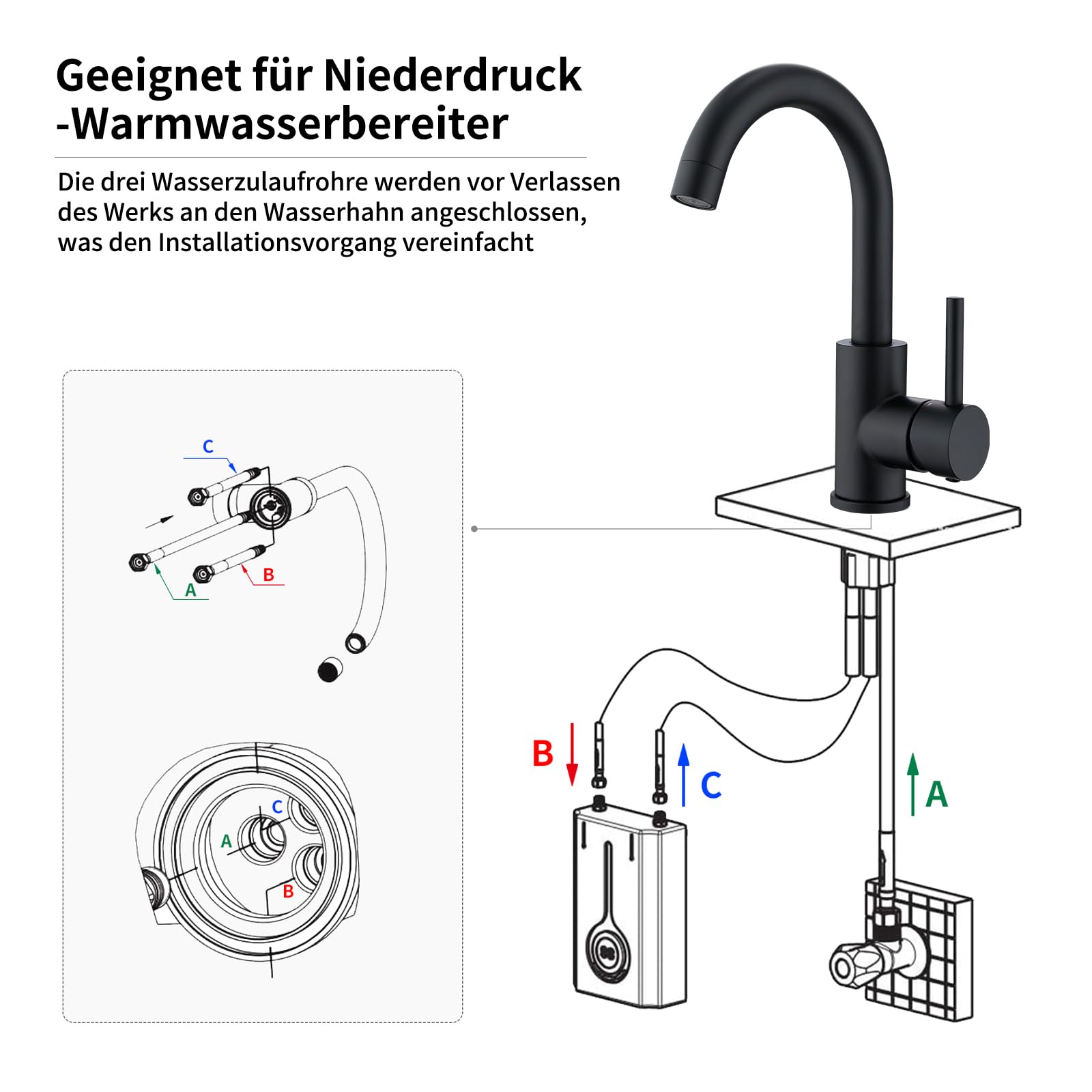 HOMELODY Niederdruck Armatur Bad/Küche Schwarz Waschtischarmatur 360° Drehbar