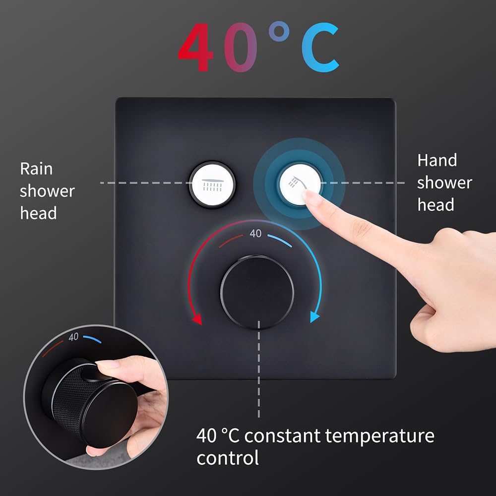 HOMELODY Thermostatique 40℃ Douche Encastree noire une Douche de Tête Surdimensionnée une Douchette Multifonctions