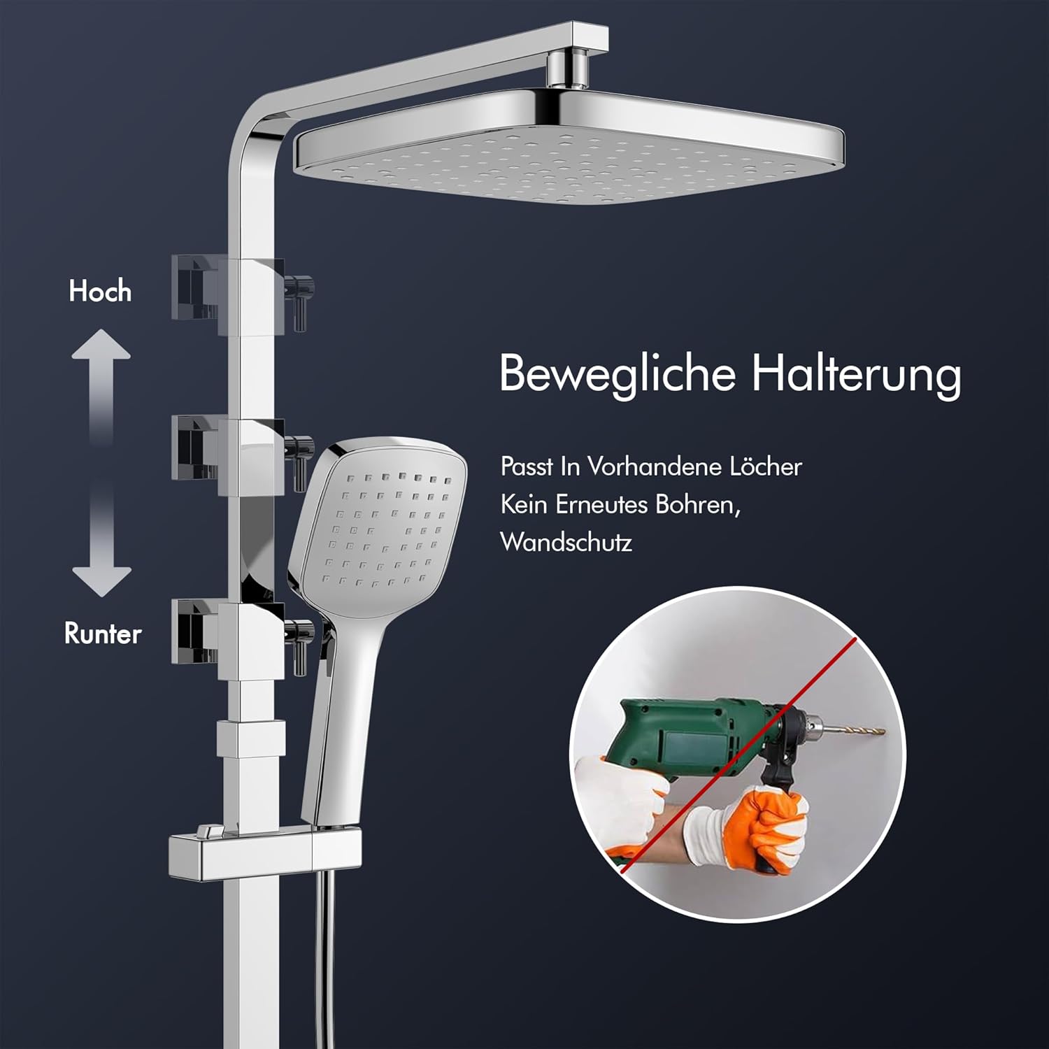 HOMELODY Duschsystem mit Thermostat & Duschablage Chrom - Höhenverstellbar, 38 °C Sicherheitssperre