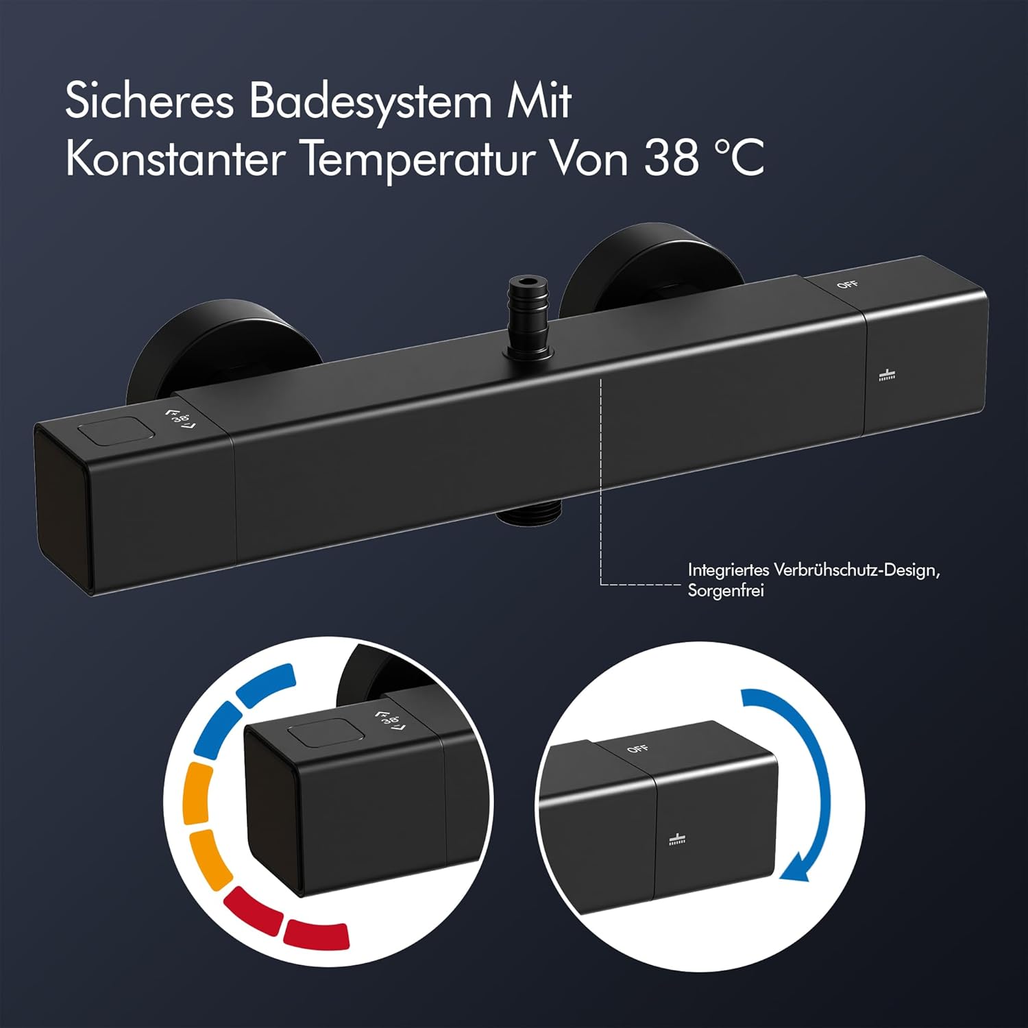 HOMELODY Duschsystem mit Thermostat & Duschablage Schwarz mit Handbrause & Kopfbrause - Höhenverstellbar, 38 °C Sicherheitssperre