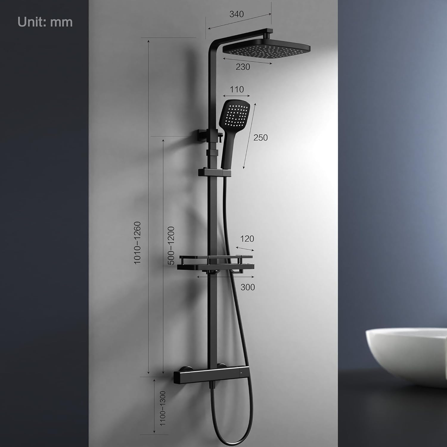 HOMELODY Duschsystem mit Thermostat & Duschablage Schwarz mit Handbrause & Kopfbrause - Höhenverstellbar, 38 °C Sicherheitssperre