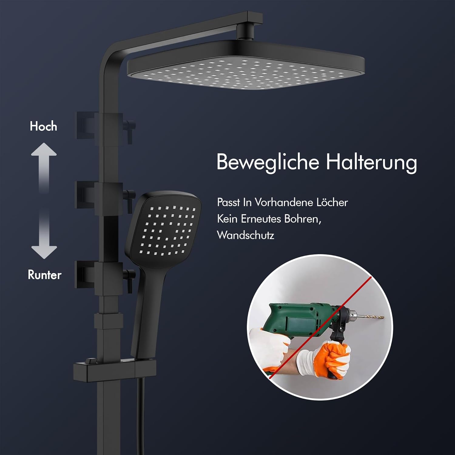 HOMELODY Duschsystem mit Thermostat & Duschablage Schwarz mit Handbrause & Kopfbrause - Höhenverstellbar, 38 °C Sicherheitssperre
