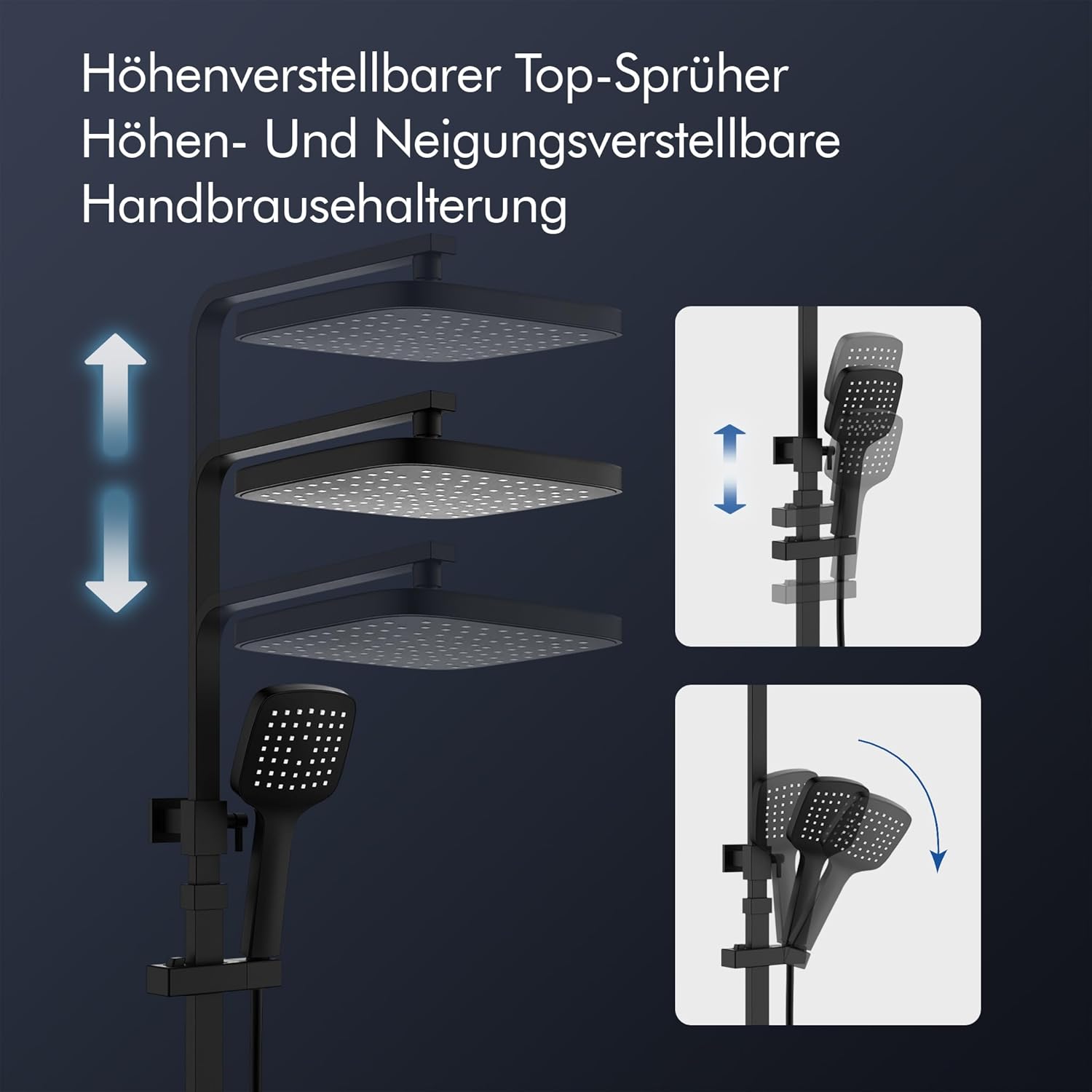 HOMELODY Duschsystem mit Thermostat & Duschablage Schwarz mit Handbrause & Kopfbrause - Höhenverstellbar, 38 °C Sicherheitssperre