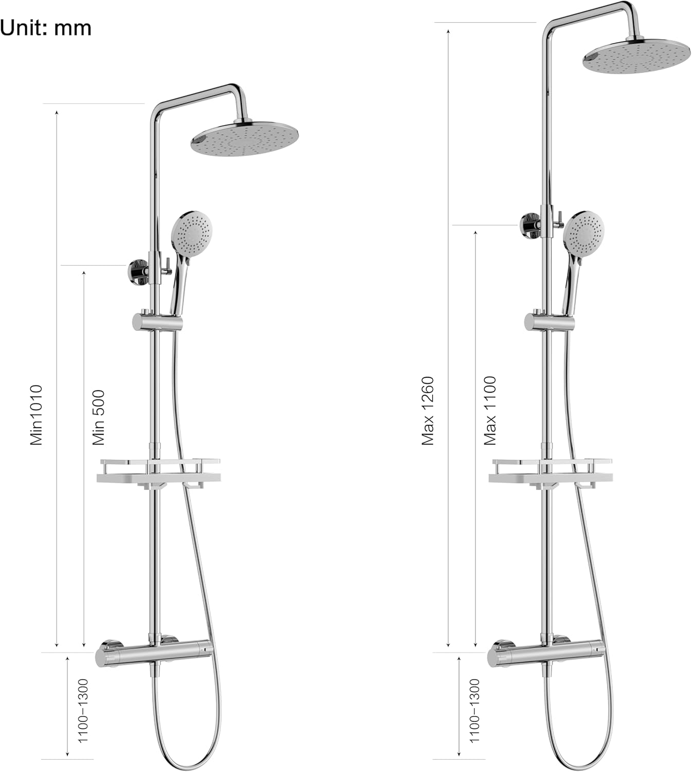 HOMELODY Duschsystem mit Thermostat und Duschablage Chrom mit Rund Regendusche Duschkopf, 3 Strahlarten ABS Handbrause, Sicherheitssperre bei 38°C