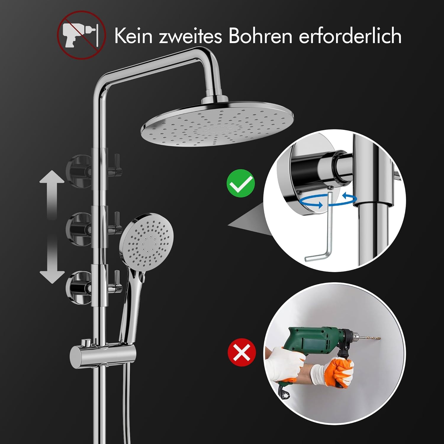 HOMELODY Duschsystem mit Thermostat und Duschablage Chrom mit Rund Regendusche Duschkopf, 3 Strahlarten ABS Handbrause, Sicherheitssperre bei 38°C