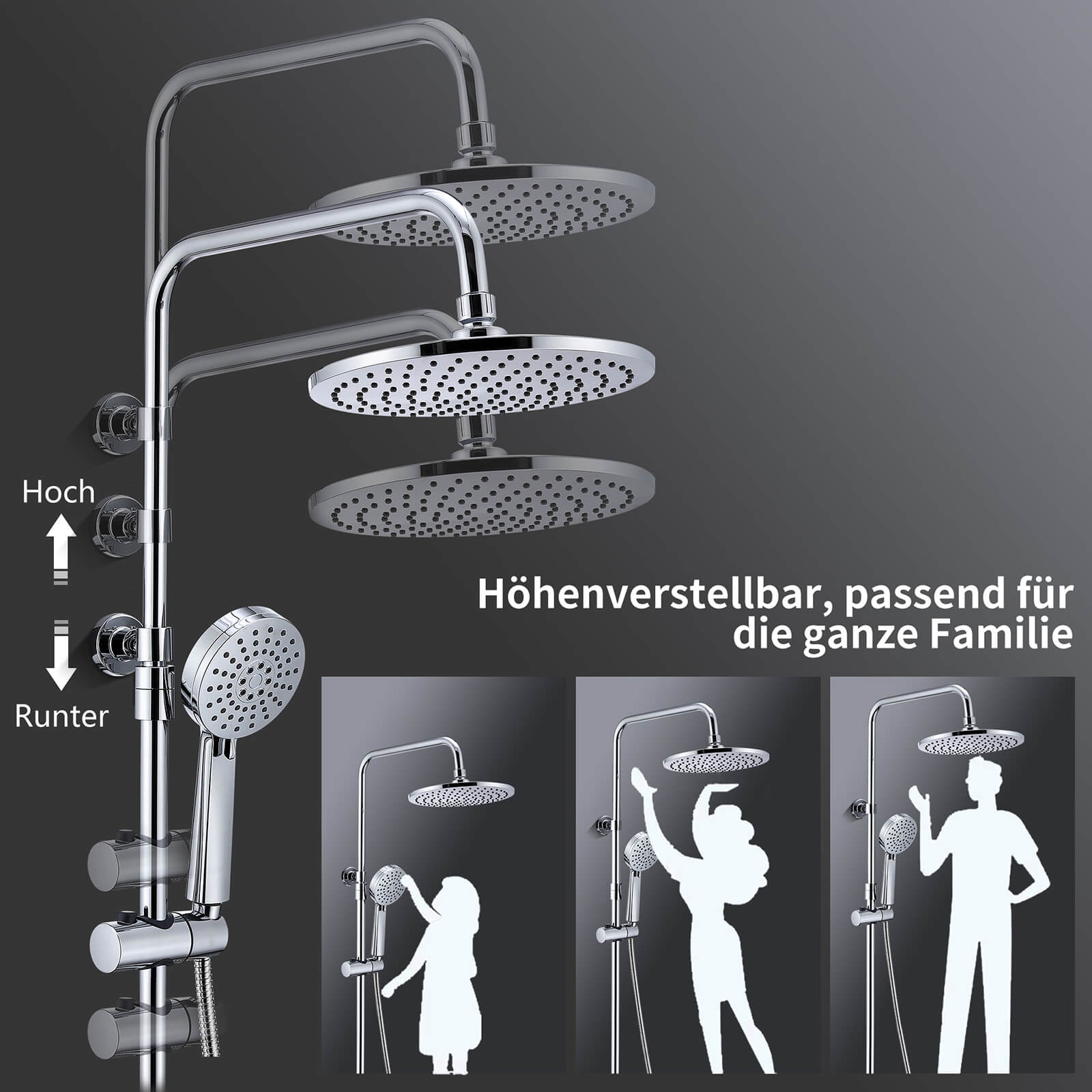 HOMELODY Edelstahl Duschsystem ohne Armatur, Regendusche set mit Ablage, Kopfbrause Rund 228mm, Handbrause mit 3 Strahlarten, Höhenverstellbar Chrom