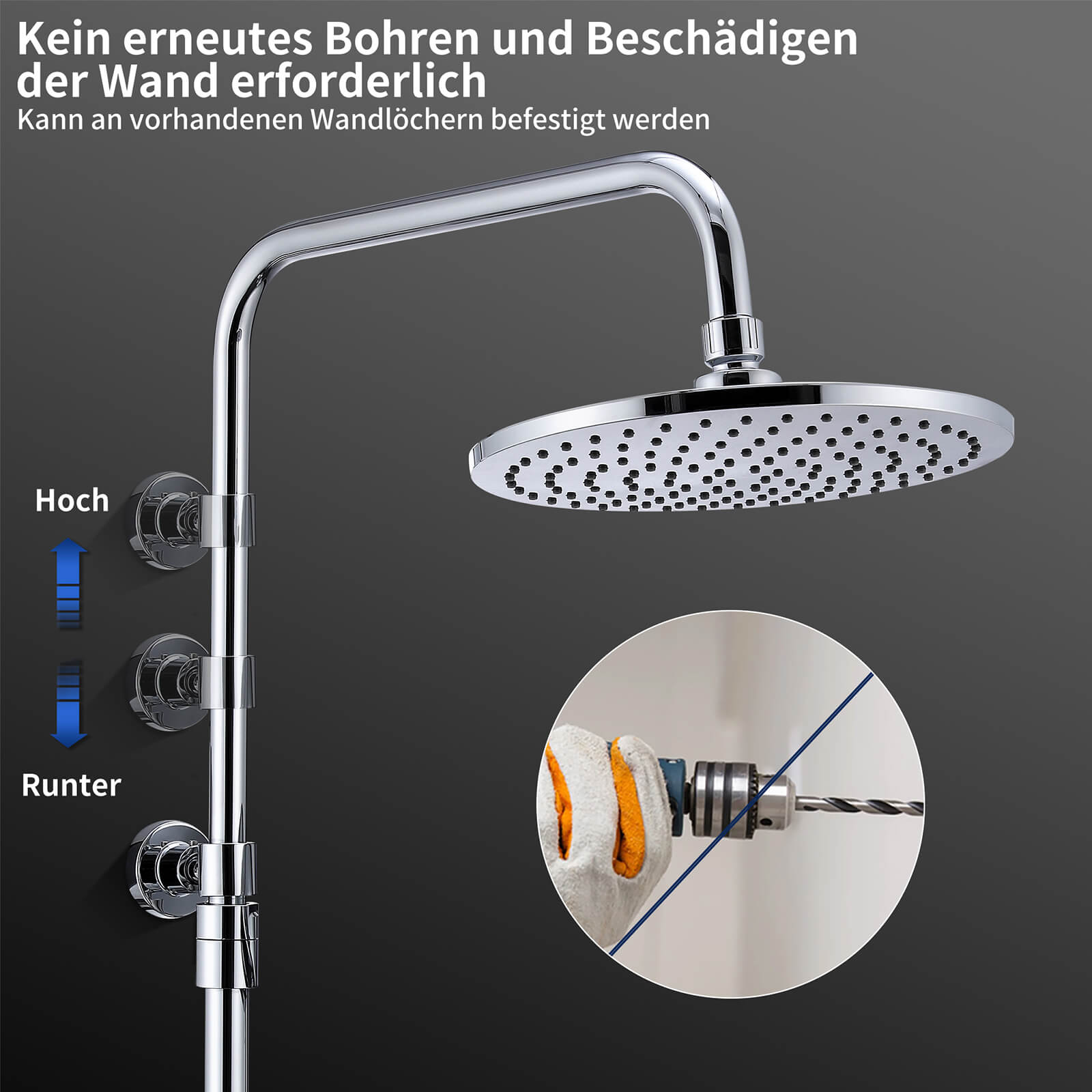 HOMELODY Edelstahl Duschsystem ohne Armatur, Regendusche set mit Ablage, Kopfbrause Rund 228mm, Handbrause mit 3 Strahlarten, Höhenverstellbar Chrom
