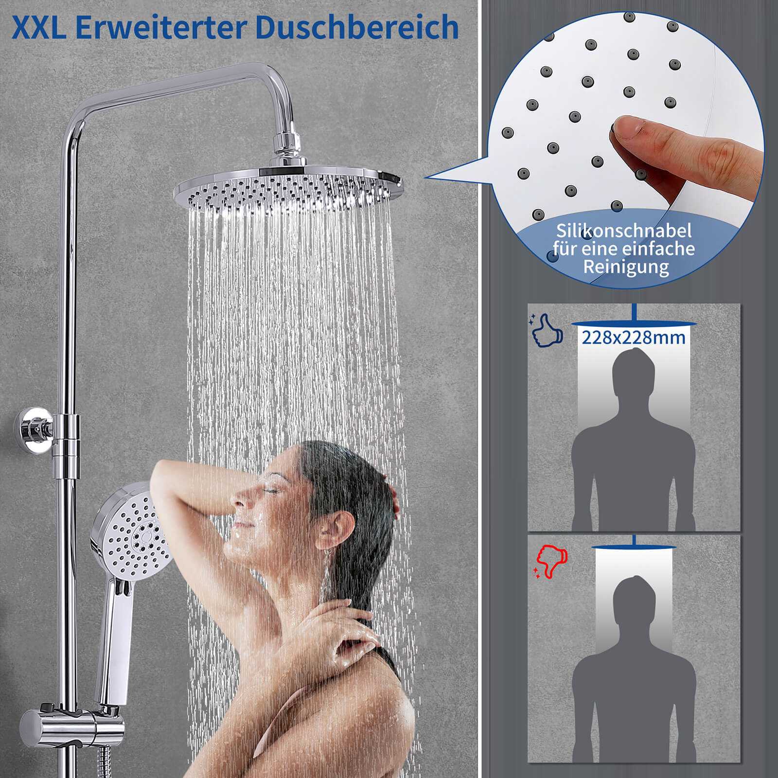 HOMELODY Edelstahl Duschsystem ohne Armatur, Regendusche set mit Ablage, Kopfbrause Rund 228mm, Handbrause mit 3 Strahlarten, Höhenverstellbar Chrom
