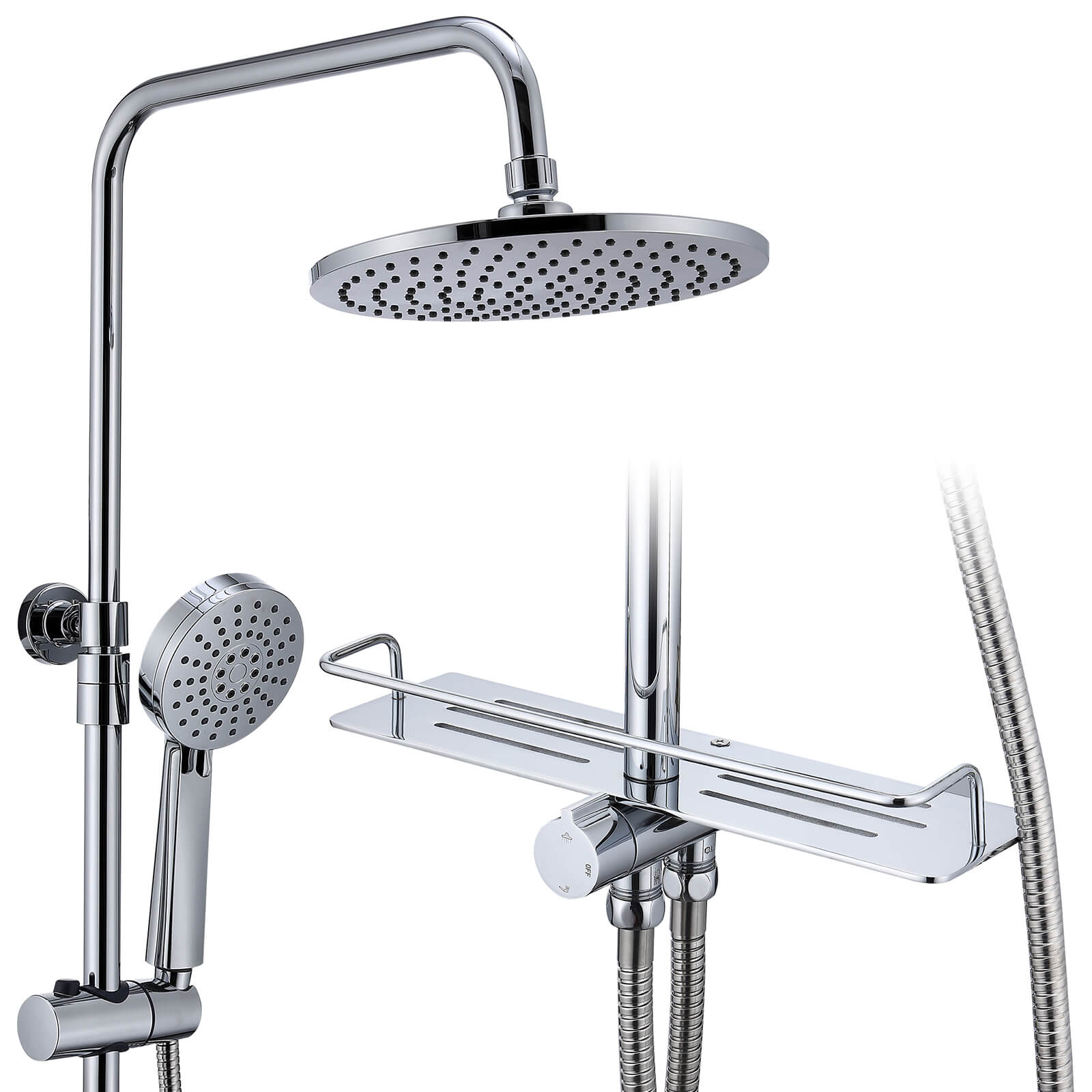 HOMELODY Edelstahl Duschsystem ohne Armatur, Regendusche set mit Ablage, Kopfbrause Rund 228mm, Handbrause mit 3 Strahlarten, Höhenverstellbar Chrom