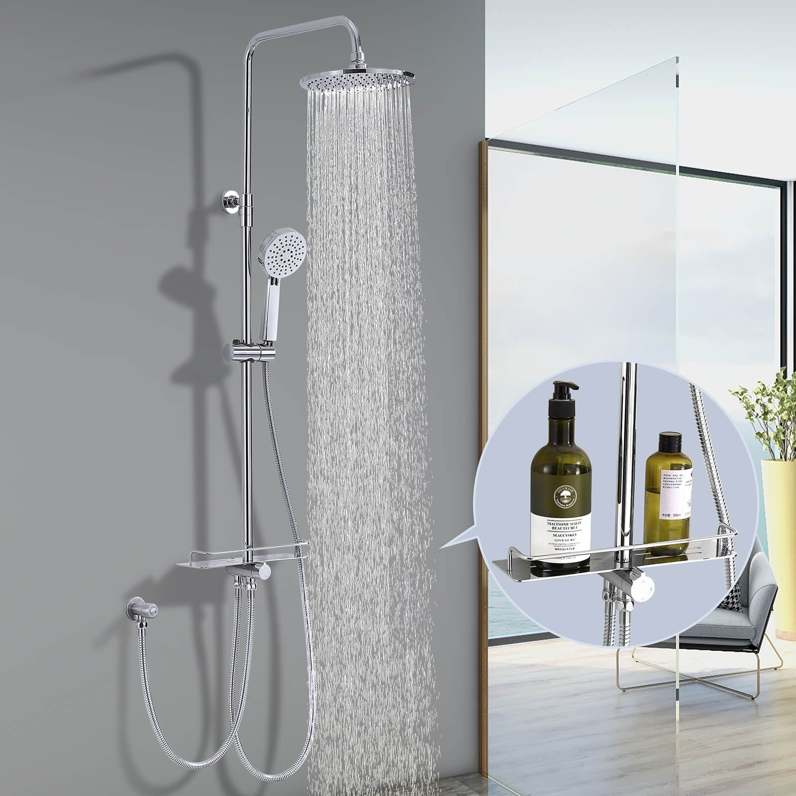 HOMELODY Edelstahl Duschsystem ohne Armatur, Regendusche set mit Ablage, Kopfbrause Rund 228mm, Handbrause mit 3 Strahlarten, Höhenverstellbar Chrom