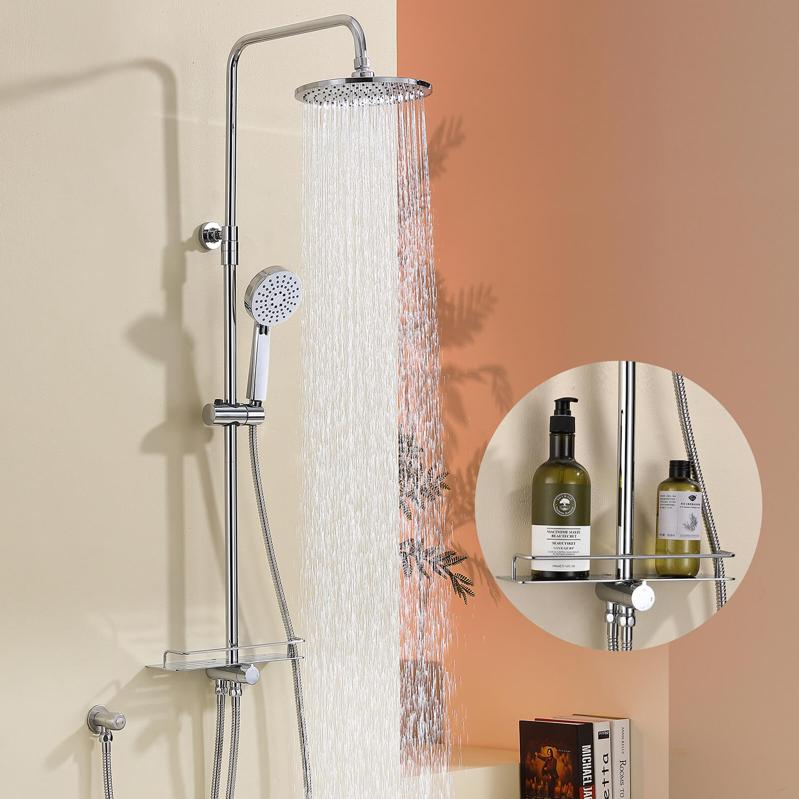 HOMELODY Edelstahl Duschsystem ohne Armatur, Regendusche set mit Ablage, Kopfbrause Rund 228mm, Handbrause mit 3 Strahlarten, Höhenverstellbar Chrom
