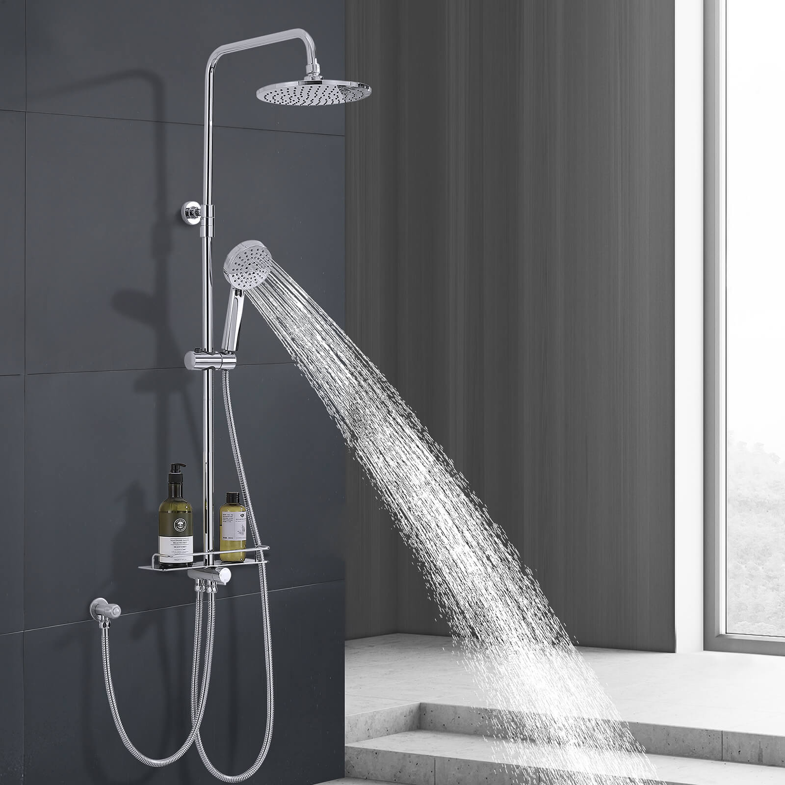 HOMELODY Edelstahl Duschsystem ohne Armatur, Regendusche set mit Ablage, Kopfbrause Rund 228mm, Handbrause mit 3 Strahlarten, Höhenverstellbar Chrom