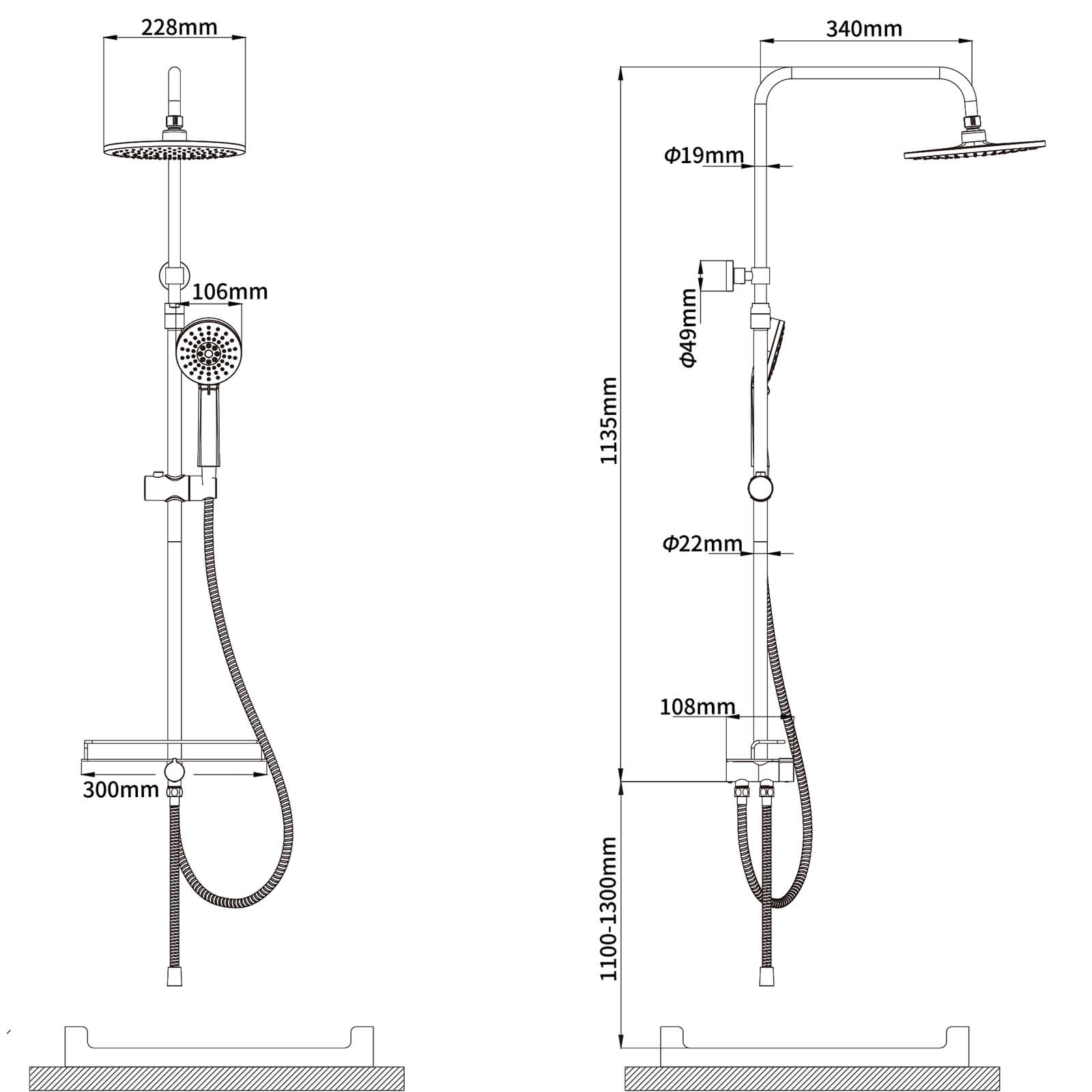HOMELODY Edelstahl Duschsystem ohne Armatur, Regendusche set mit Ablage, Kopfbrause Rund 228mm, Handbrause mit 3 Strahlarten, Höhenverstellbar Chrom