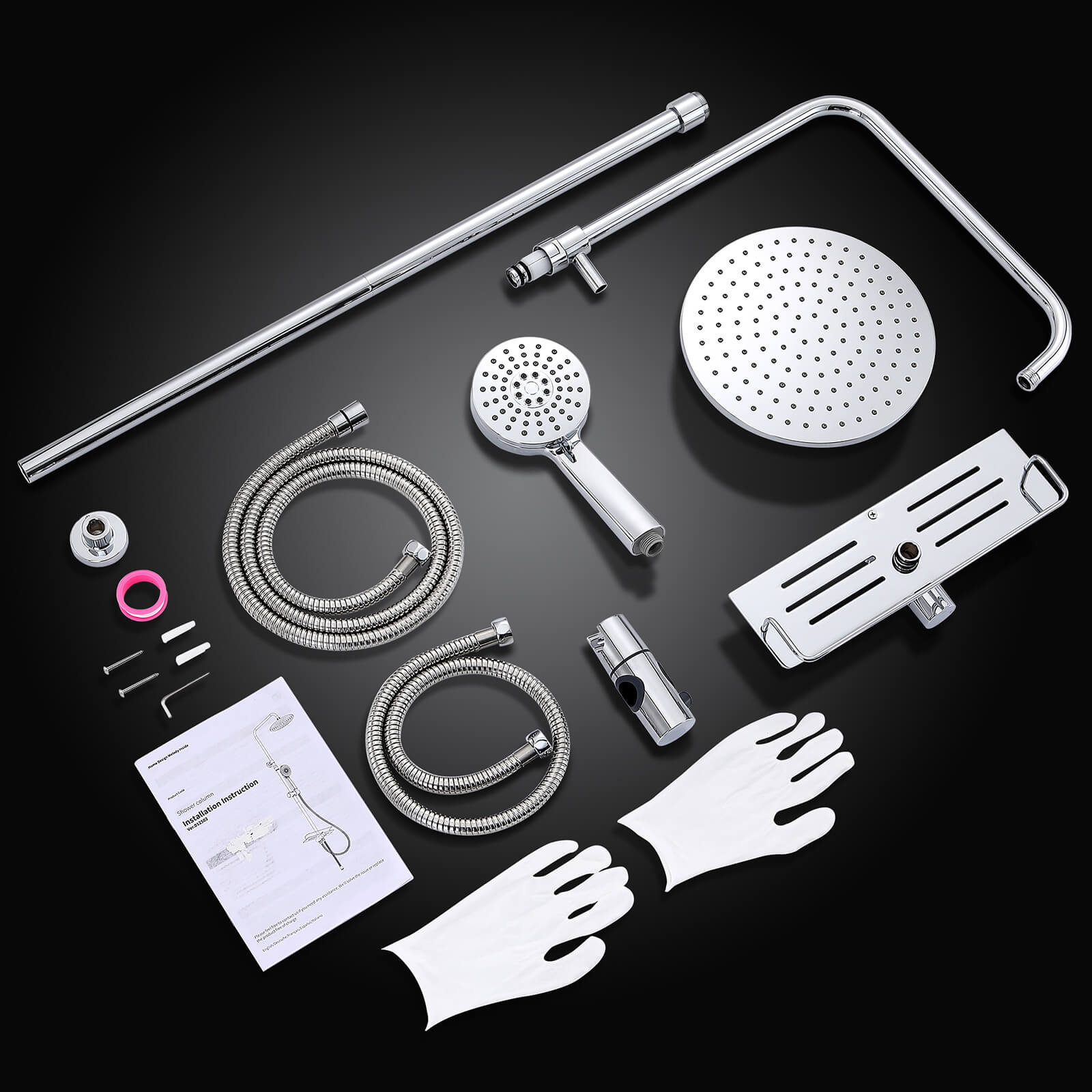 HOMELODY Edelstahl Duschsystem ohne Armatur, Regendusche set mit Ablage, Kopfbrause Rund 228mm, Handbrause mit 3 Strahlarten, Höhenverstellbar Chrom