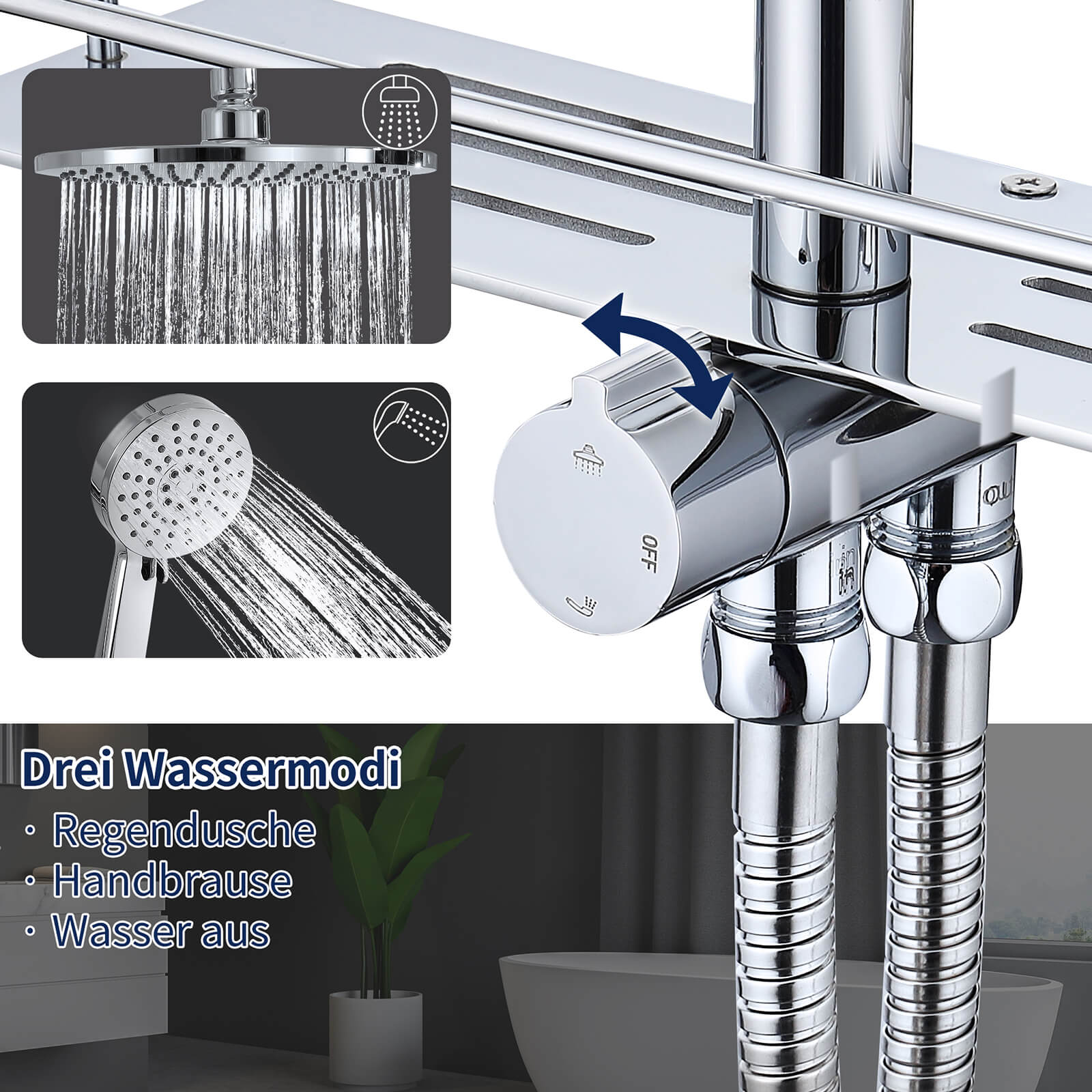 HOMELODY Edelstahl Duschsystem ohne Armatur, Regendusche set mit Ablage, Kopfbrause Rund 228mm, Handbrause mit 3 Strahlarten, Höhenverstellbar Chrom