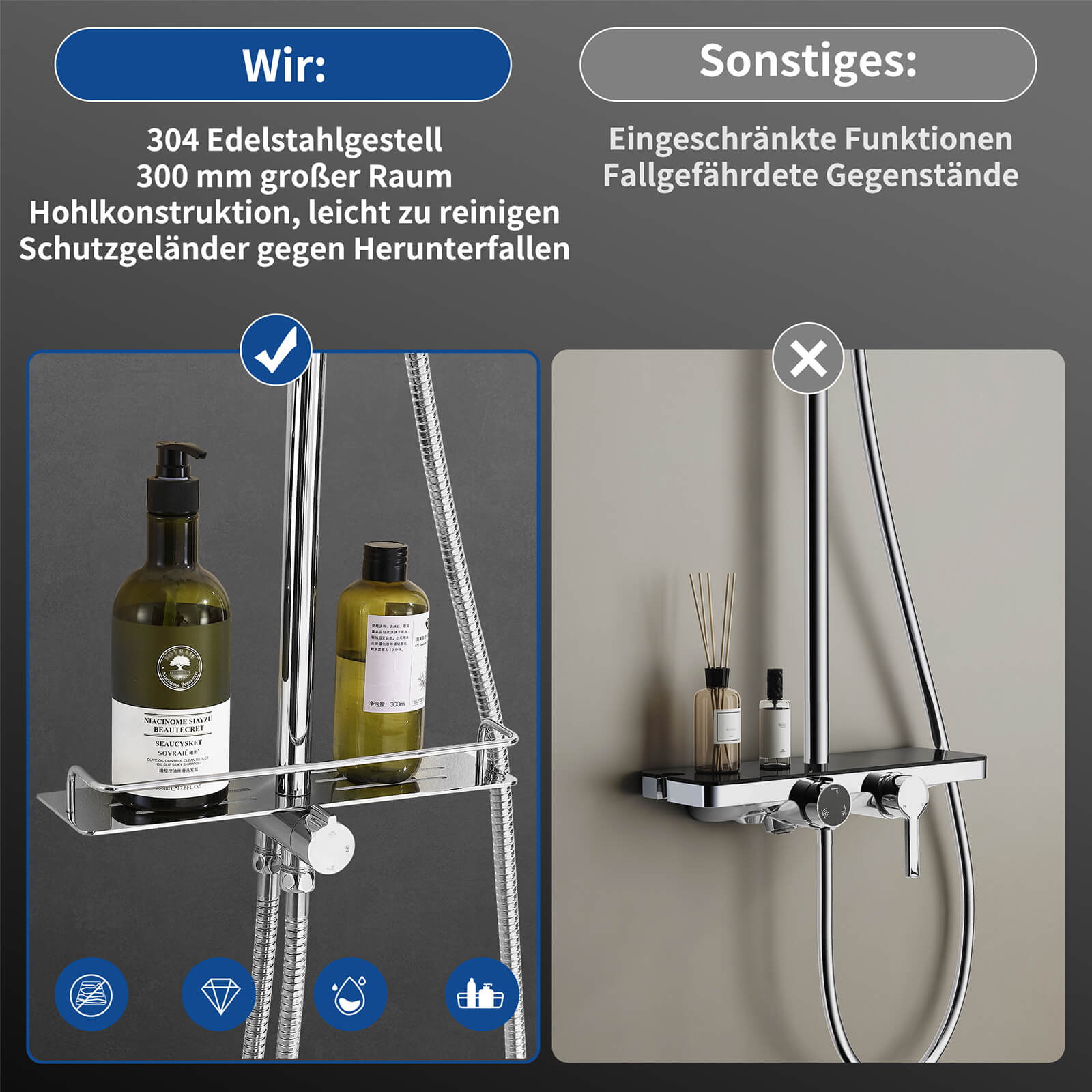 HOMELODY Edelstahl Duschsystem ohne Armatur, Regendusche set mit Ablage, Kopfbrause Rund 228mm, Handbrause mit 3 Strahlarten, Höhenverstellbar Chrom