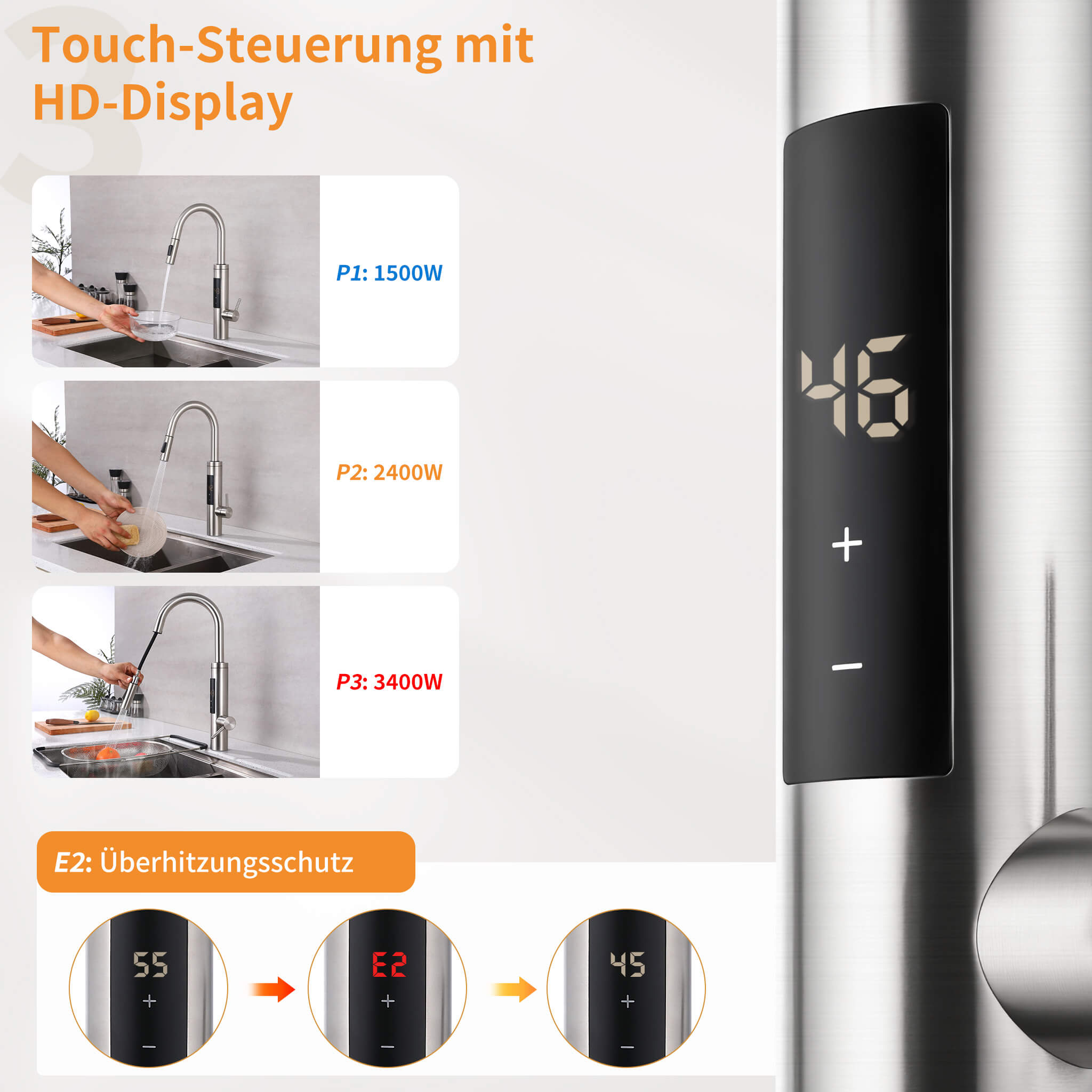 HOMELODY Elektrischer Wasserhahn mit Durchlauferhitzer, Wasserhahn 360° drehbar