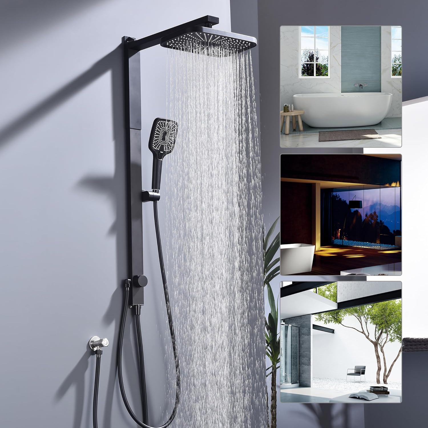 HOMELODY Regendusche Duschsystem ohne Armatur, Schwarz Handbrause mit 3 Funktionen