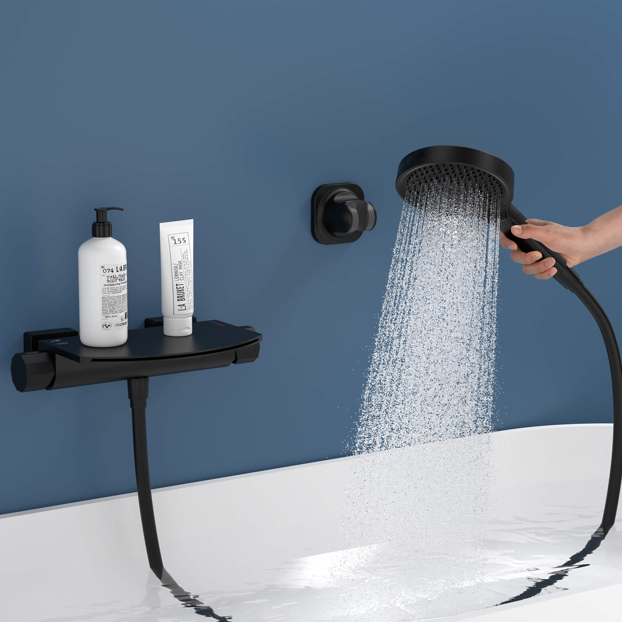 HOMELODY Schwarze Wasserfall-Badewannen-Mischbatterie mit 4-Funktions-Handbrause