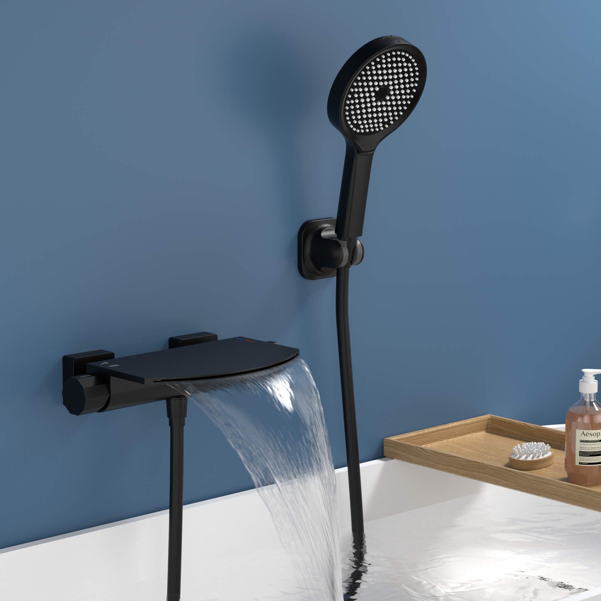 HOMELODY Schwarze Wasserfall-Badewannen-Mischbatterie mit 4-Funktions-Handbrause