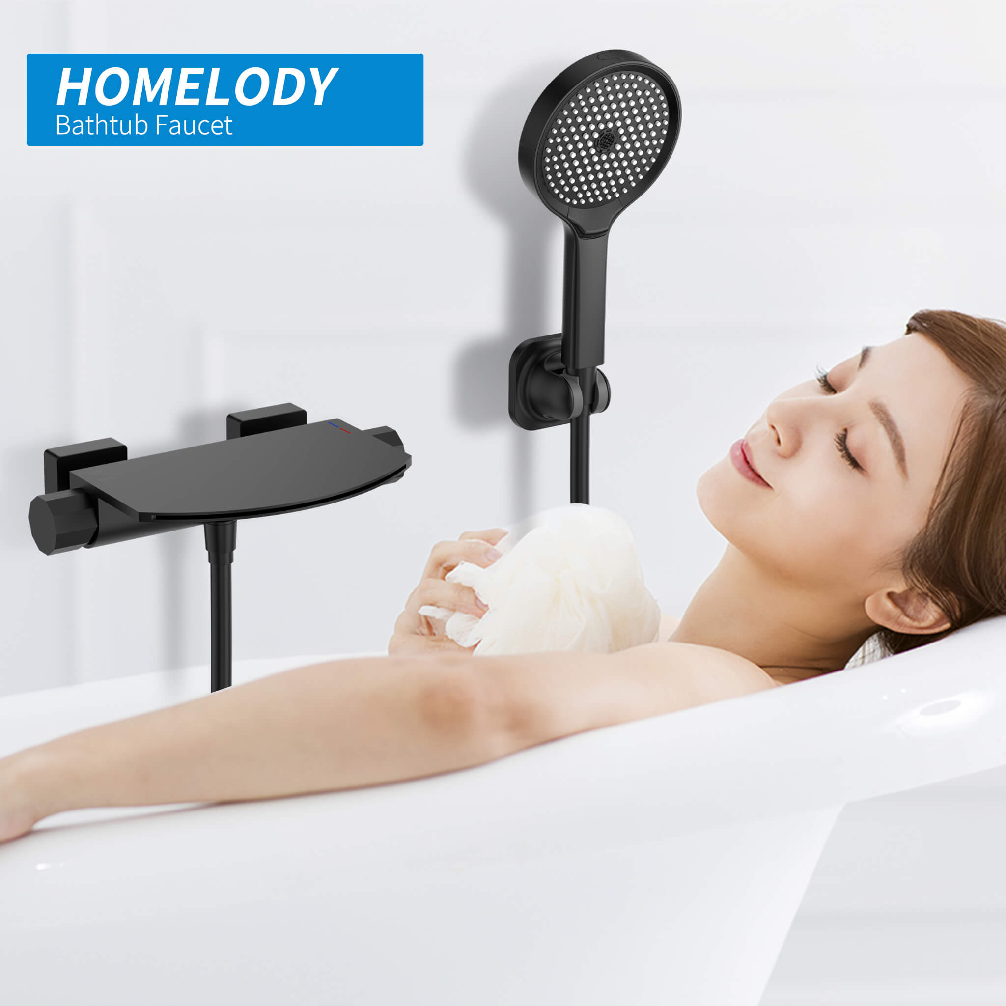 HOMELODY Schwarze Wasserfall-Badewannen-Mischbatterie mit 4-Funktions-Handbrause